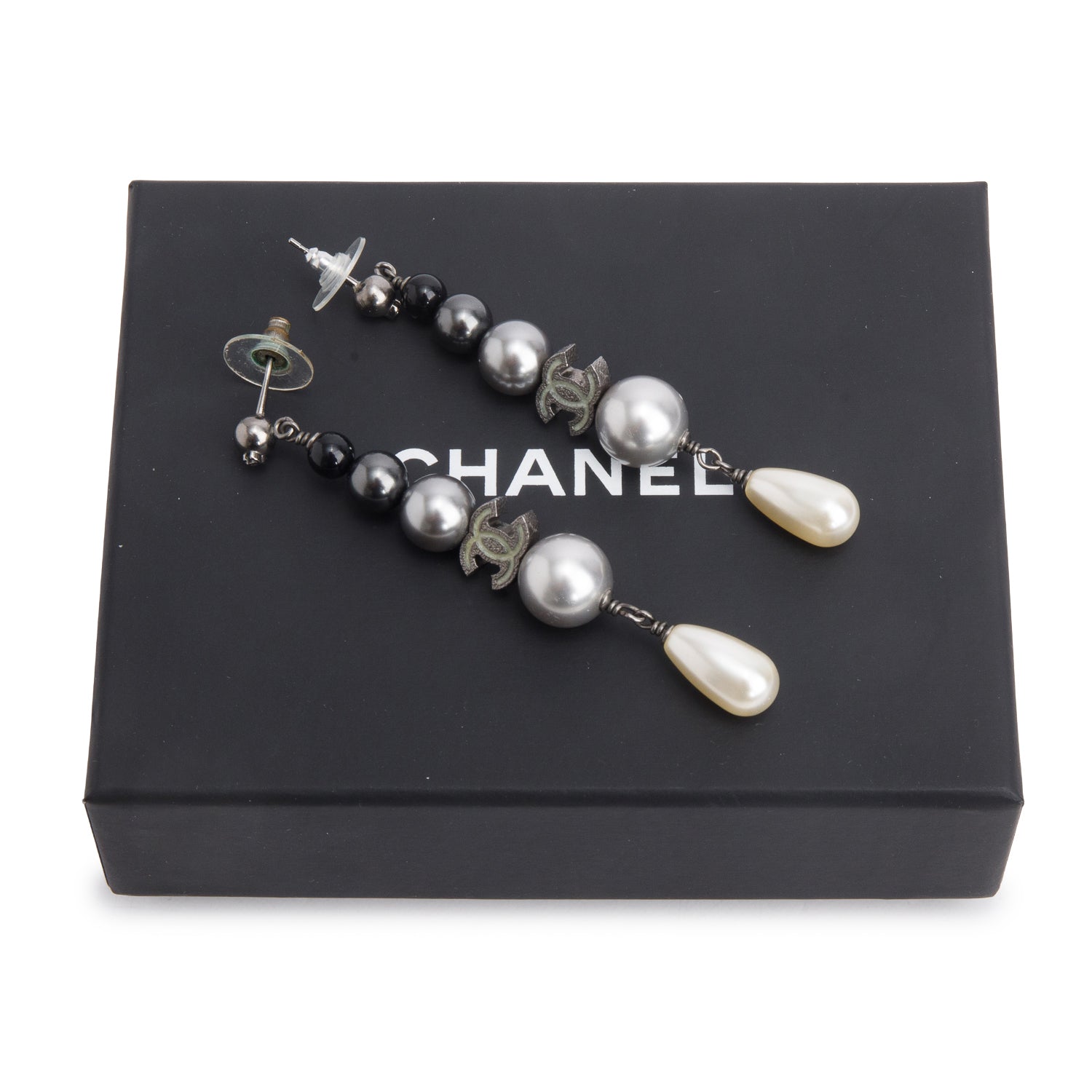 Chanel Ruthenium-Plated Black Resin Bead CC Drop Earrings w/ Box