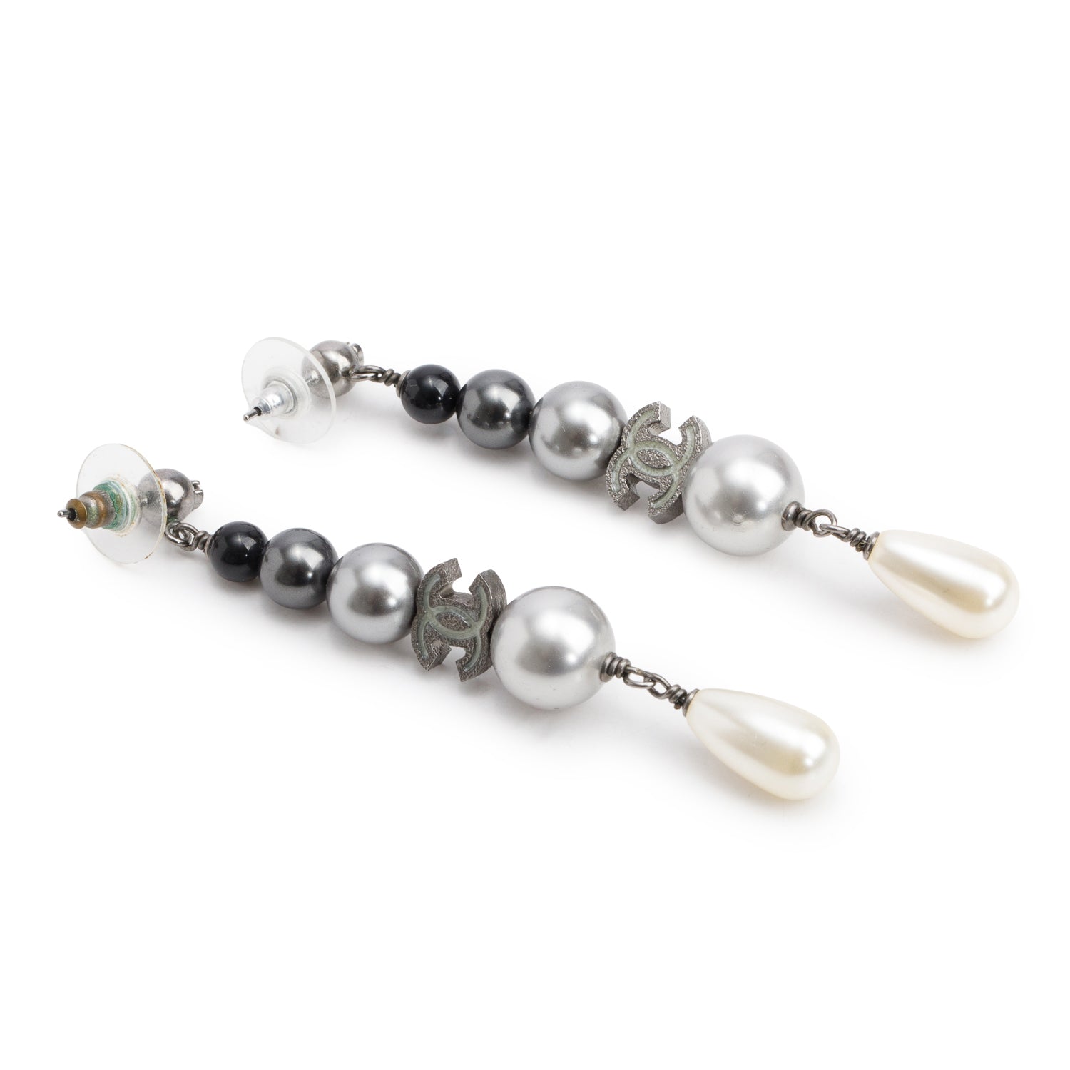 Chanel Ruthenium-Plated Black Resin Bead CC Drop Earrings w/ Box