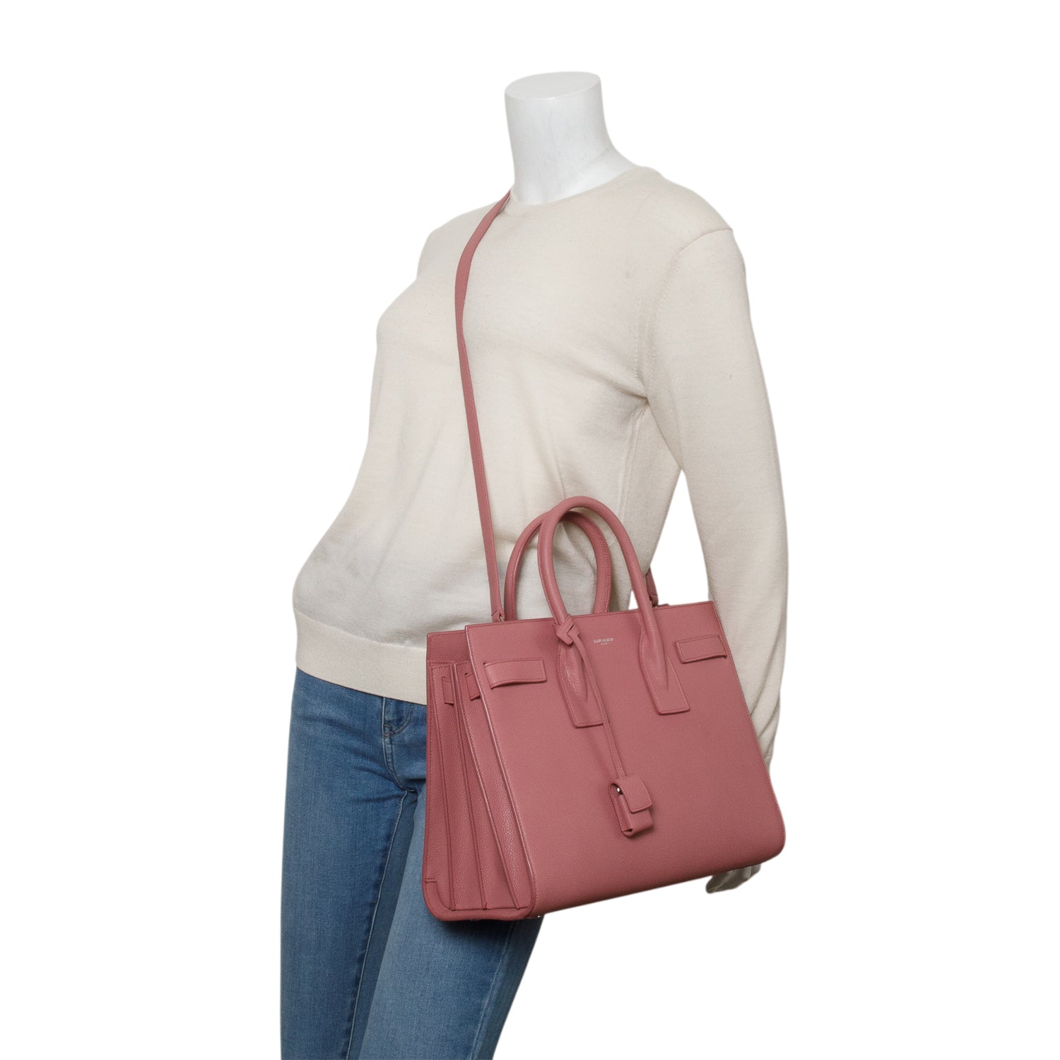 Saint Laurent Pink Grained Calfskin Leather Small Sac de Jour w/ Strap