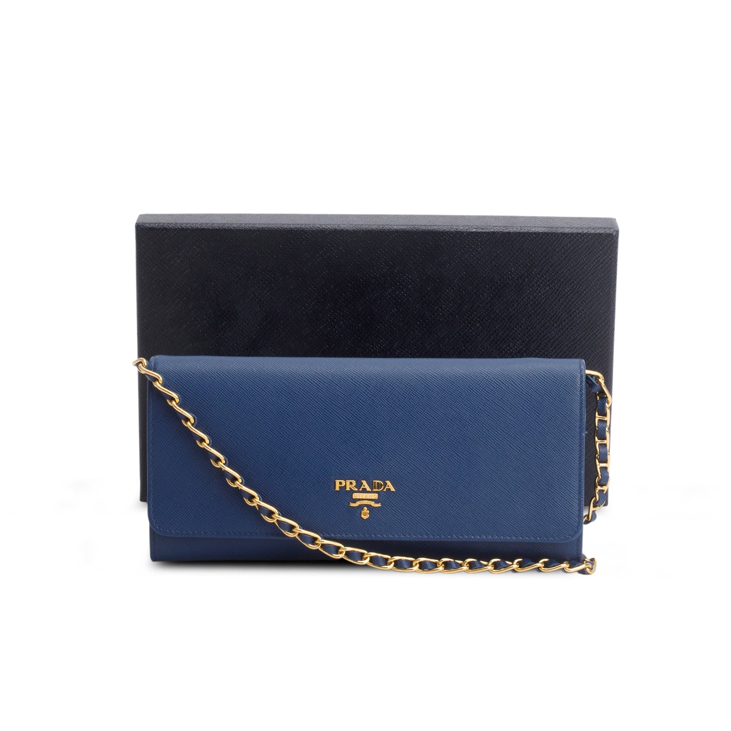 Prada Blue Saffiano Metal Oro Chain Wallet w/ Box