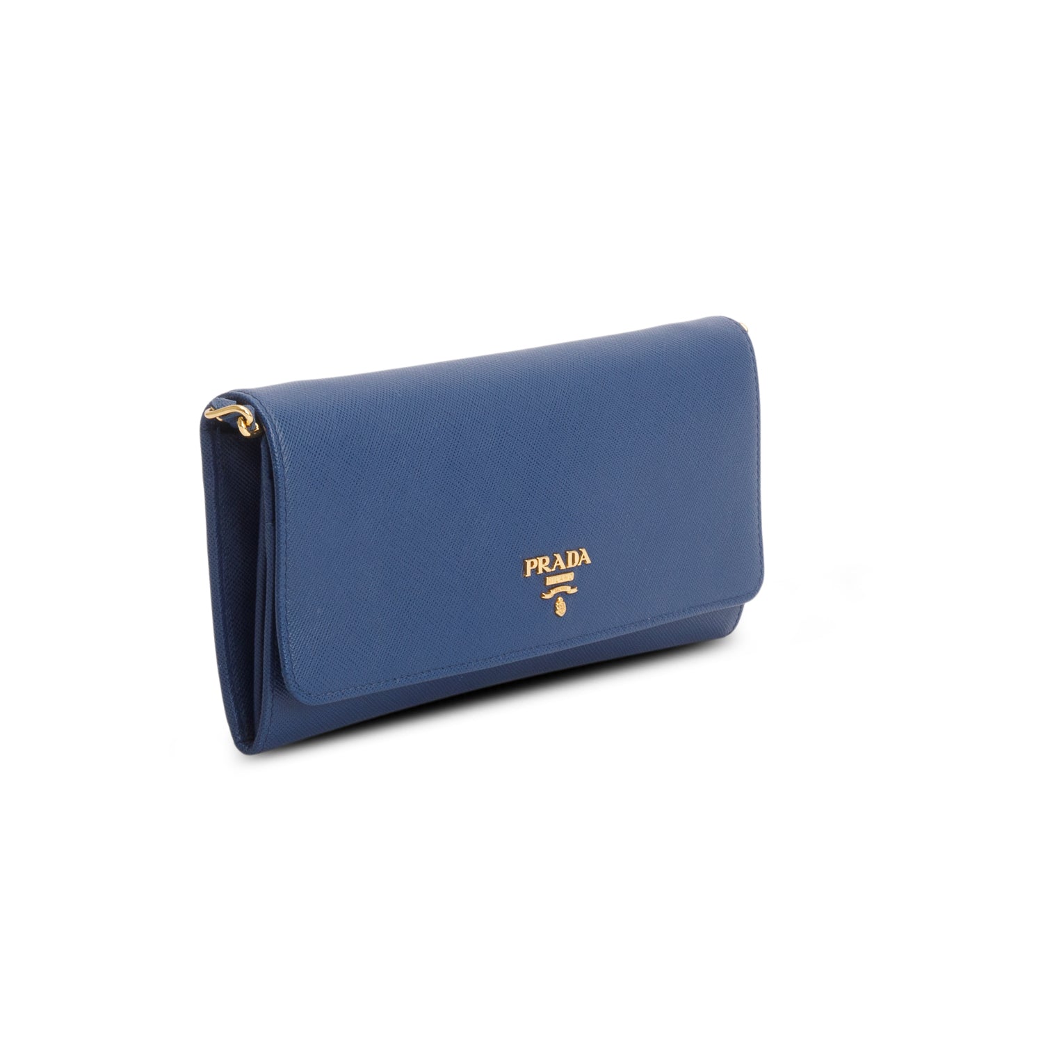 Prada Blue Saffiano Metal Oro Chain Wallet w/ Box