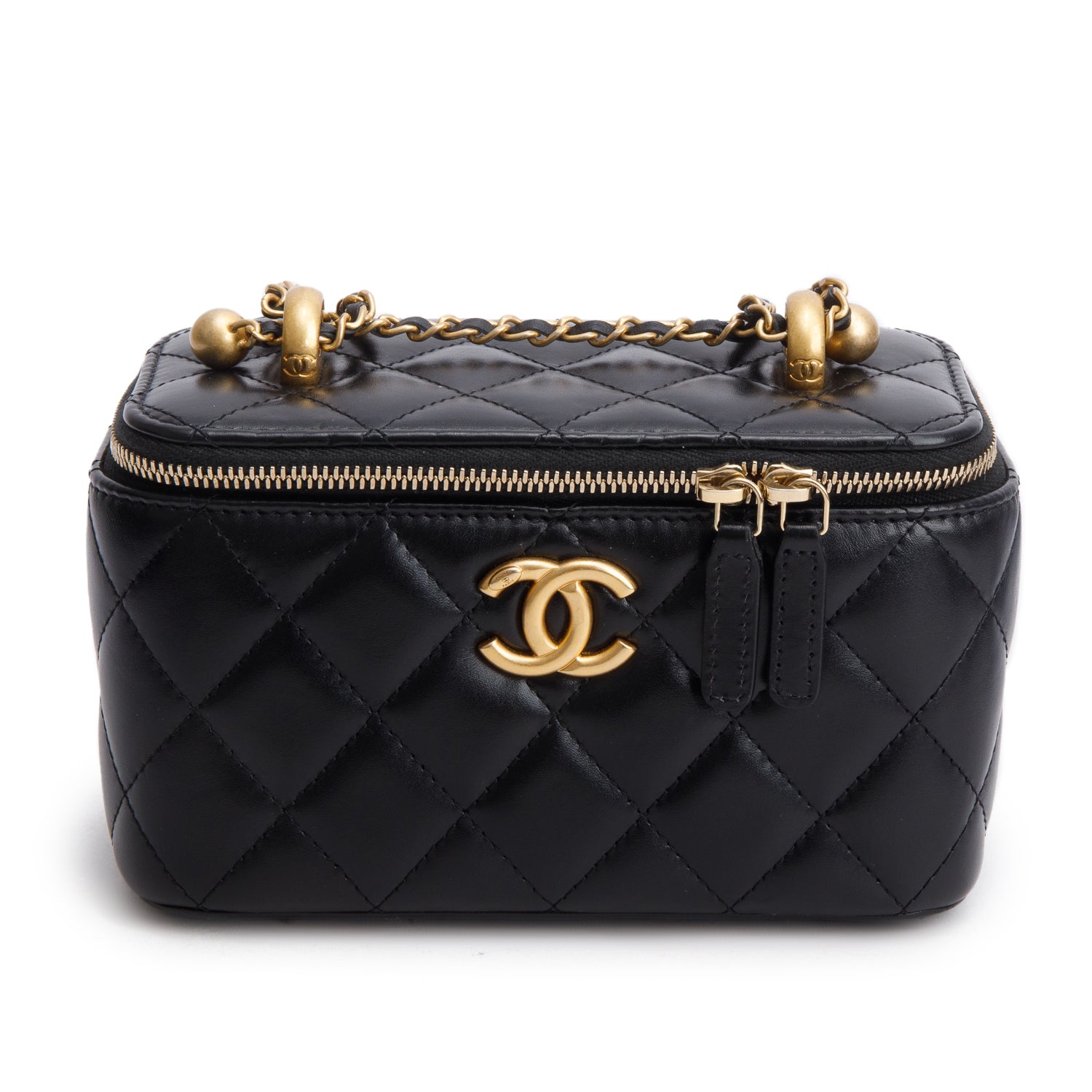 Chanel Black Lambskin Quilted Perfect Fit Vanity Case w/ Chain
