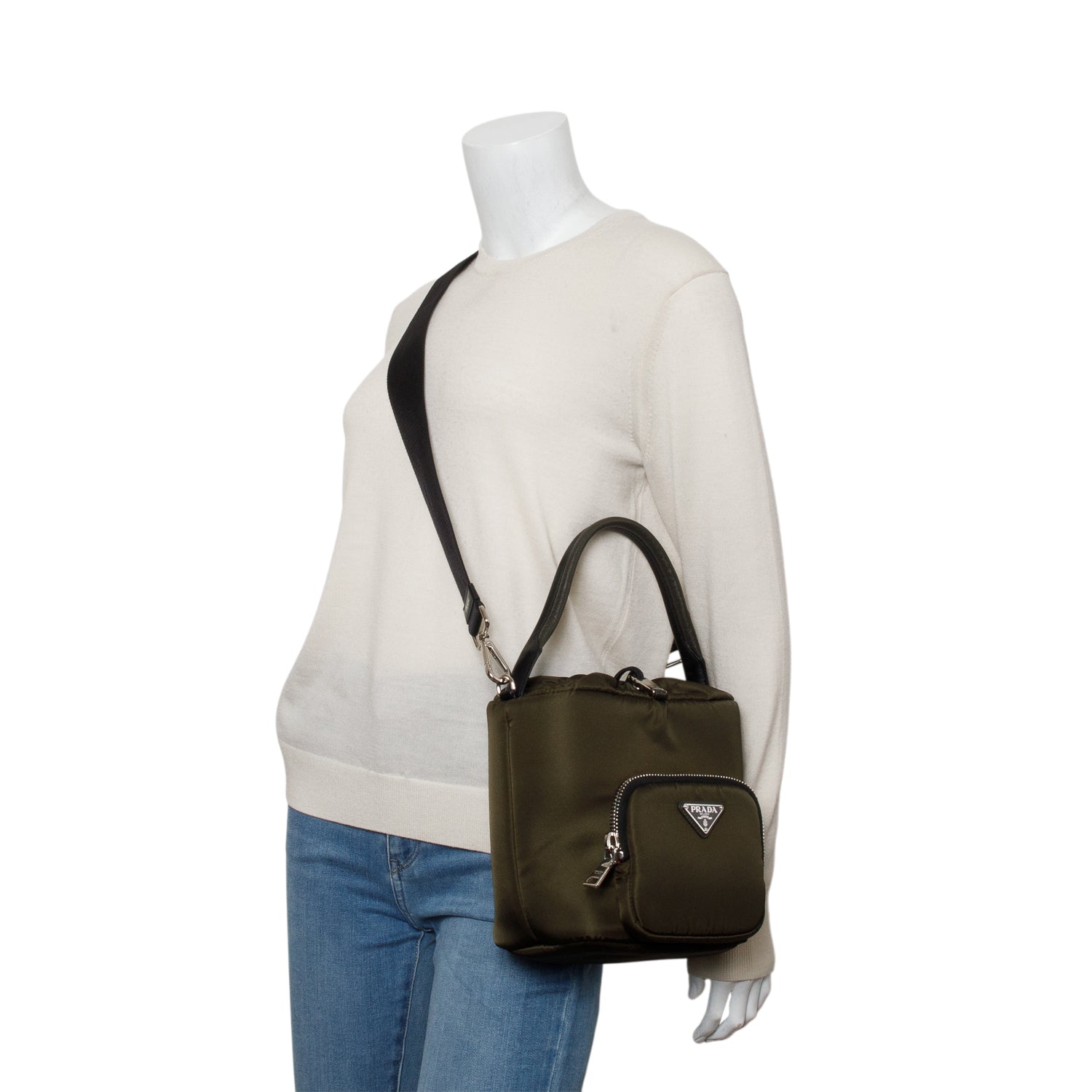 Prada Green Re-Nylon Saffiano Duet Bucket Bag w/ Authenticity Card & Strap