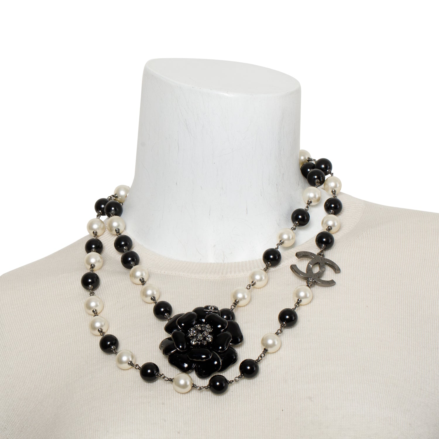 Chanel Ruthenium Faux Pearl, Resin & Crystal Camellia CC Necklace w/ Box
