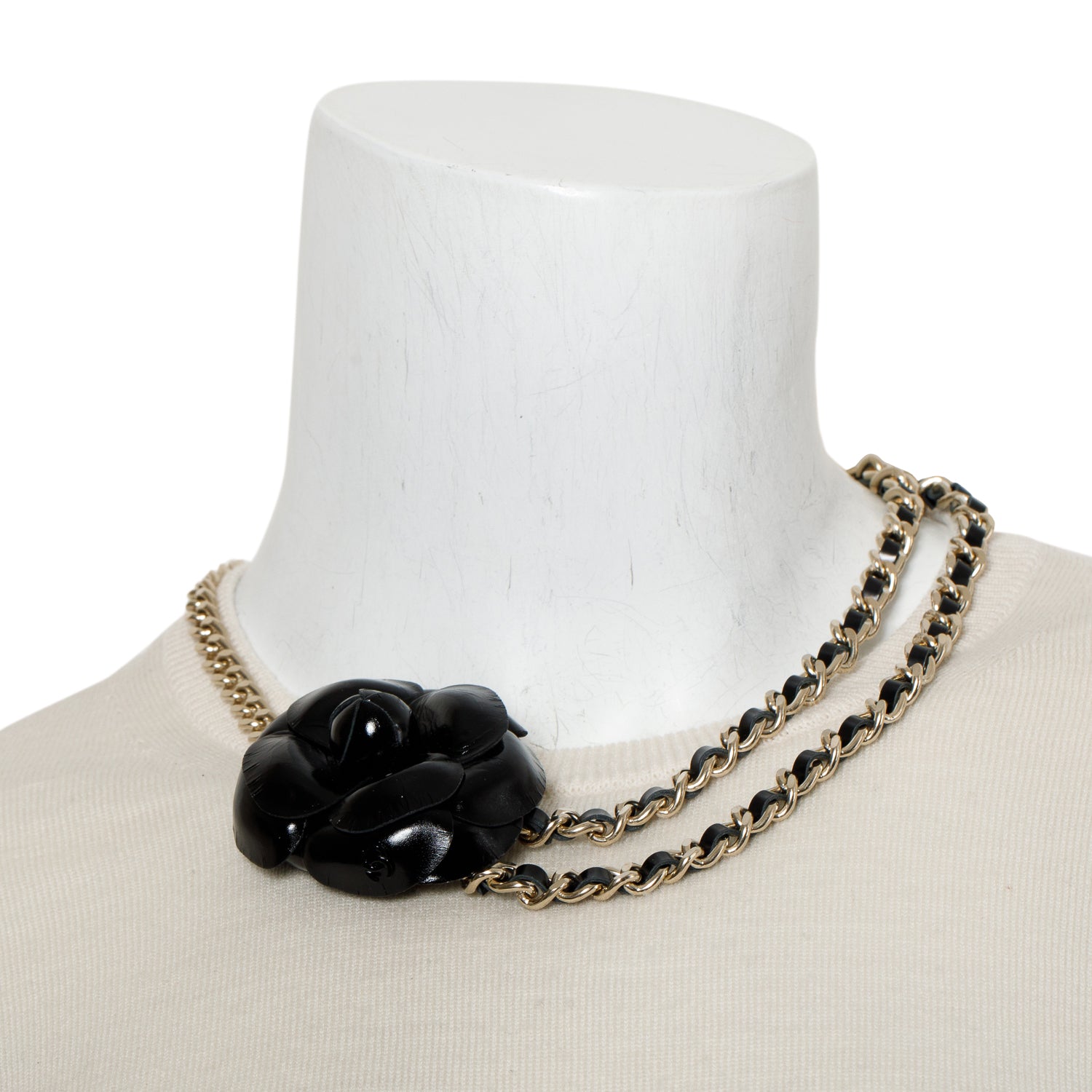 Chanel Gold Plated Leather Camellia Accent CC Choker Necklace w/ Box