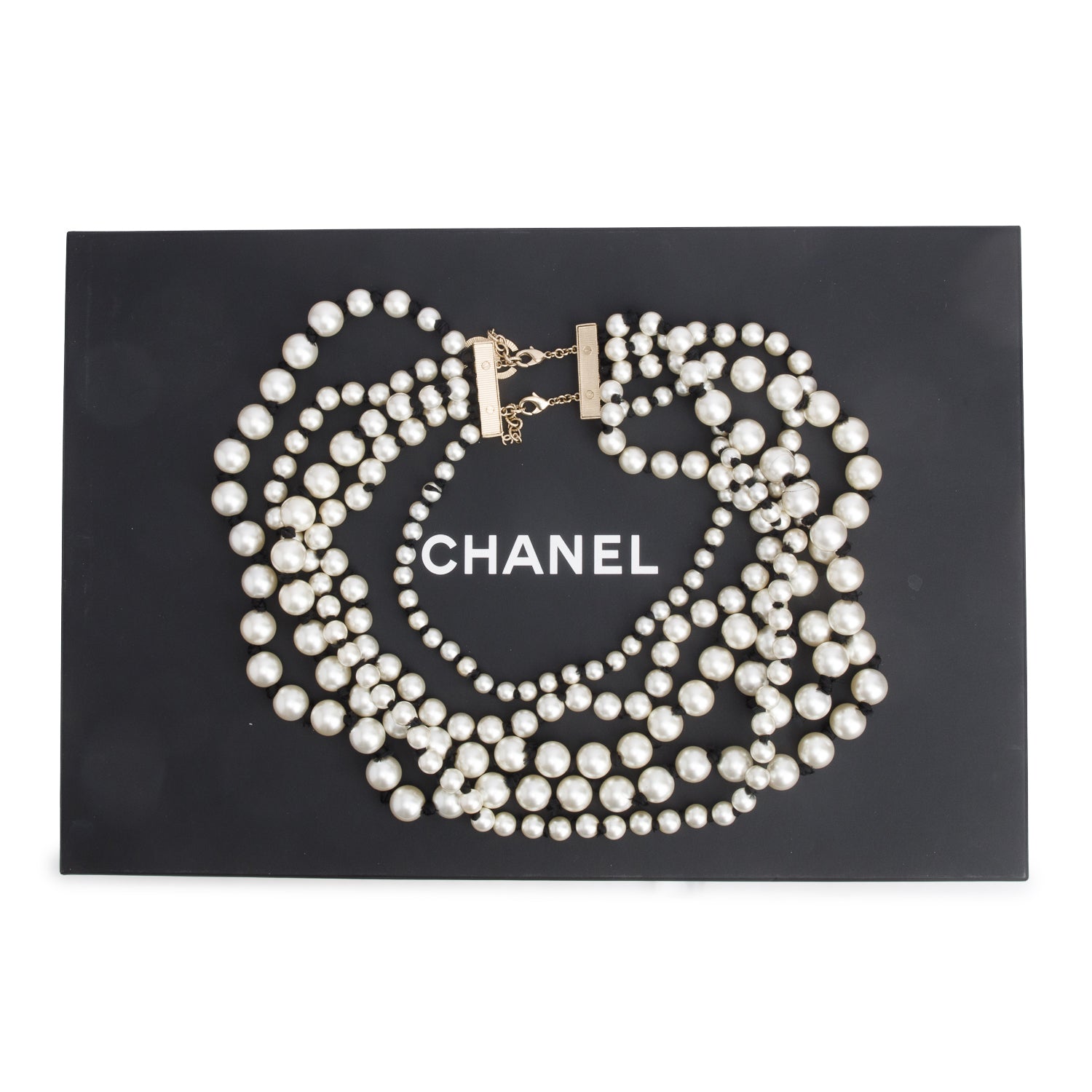 Chanel Gold-Plated Graduated Faux Pearl CC Multistrand Necklace w/ Box