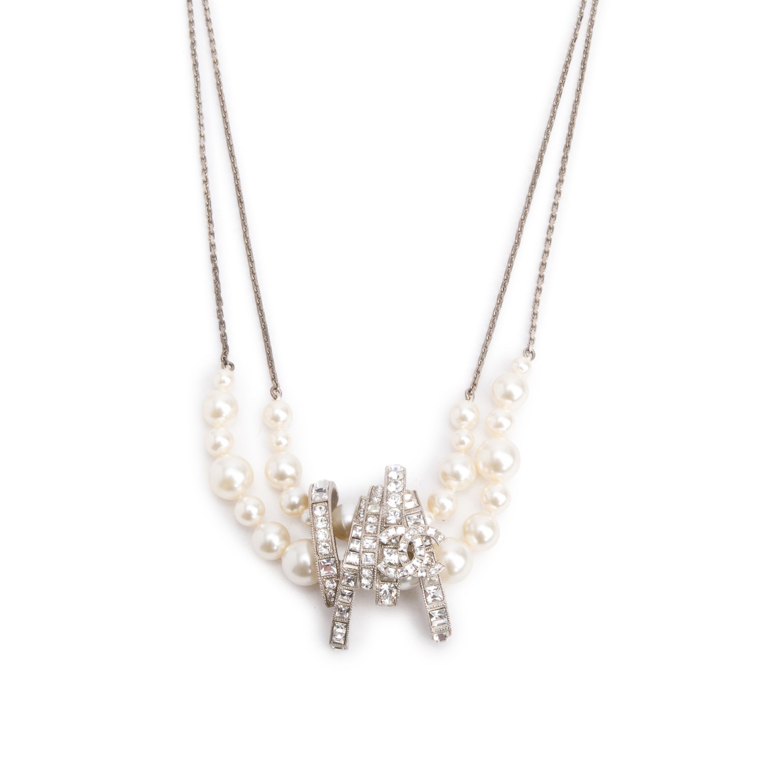 Chanel Palladium-Plated Faux Pearl & Strass Virginie Viard CC Double Strand Necklace w/ Box