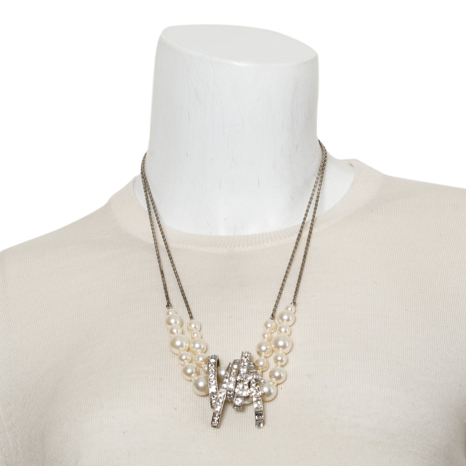 Chanel Palladium-Plated Faux Pearl & Strass Virginie Viard CC Double Strand Necklace w/ Box