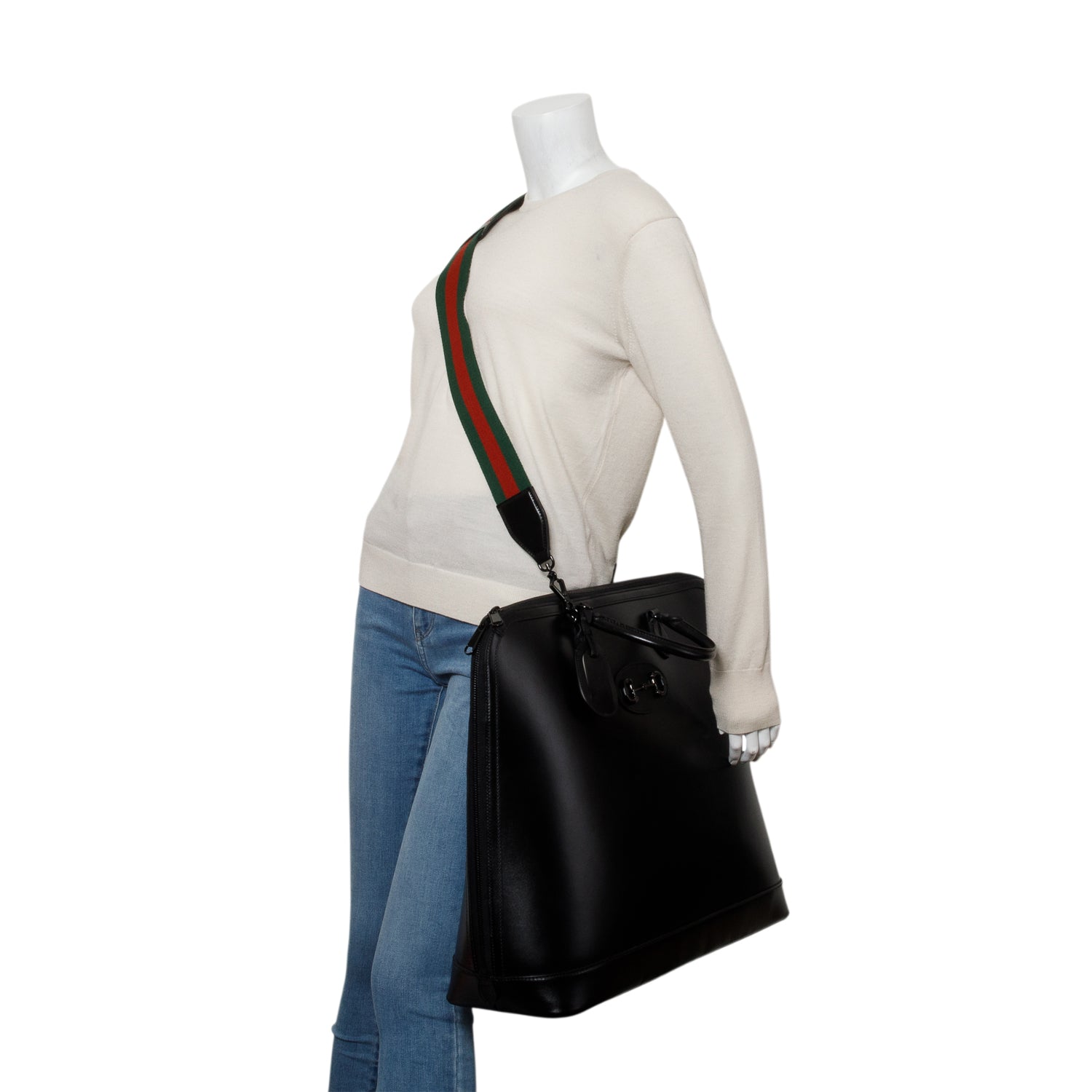 Gucci Black Boarded Plutone Calfskin Large Horsebit 1955 Duffle Bag w/ Strap