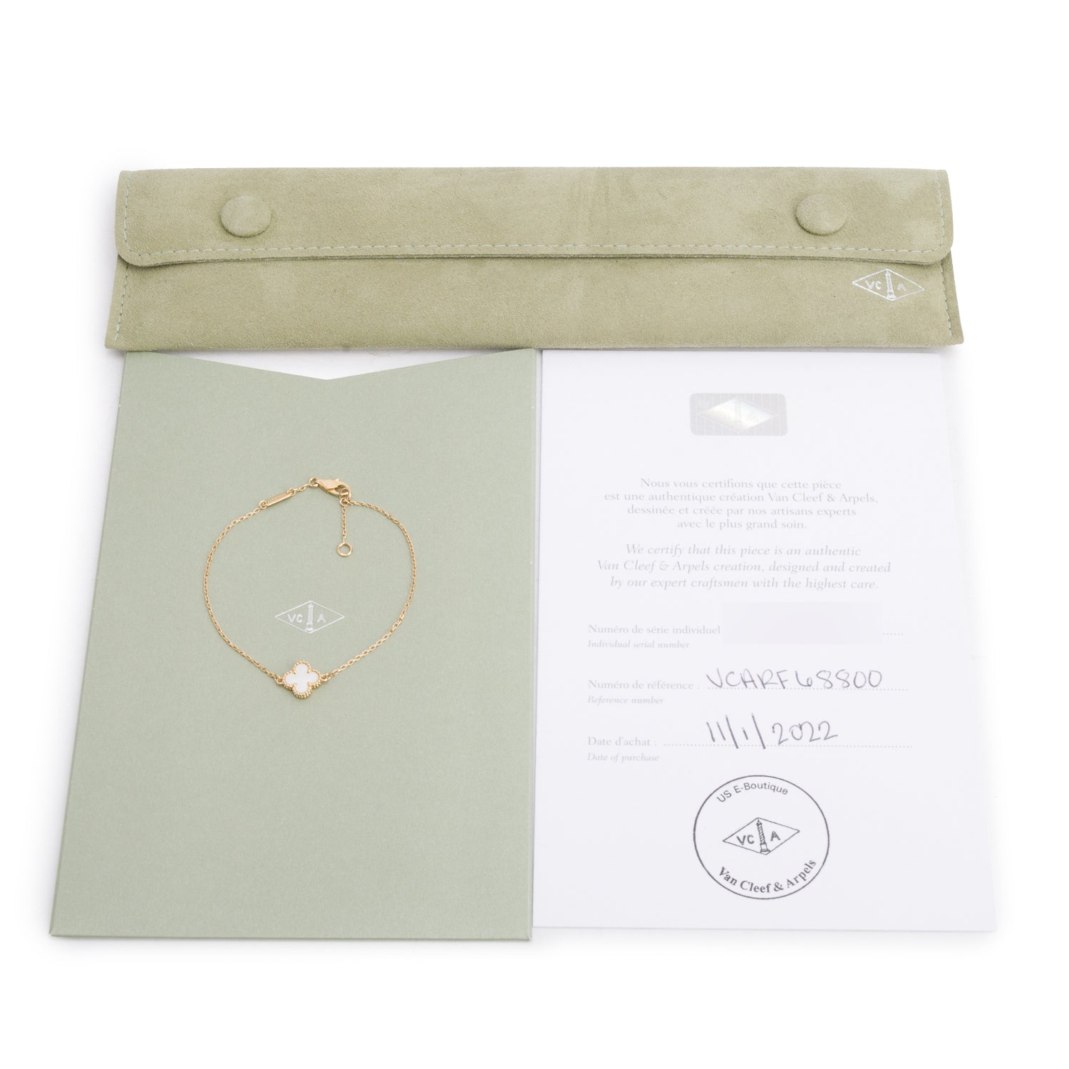 Van Cleef & Arpels 2022 18k Yellow Gold Sweet Alhambra 1 Motif Mother of Pearl Bracelet w/ Pouch & Certificate