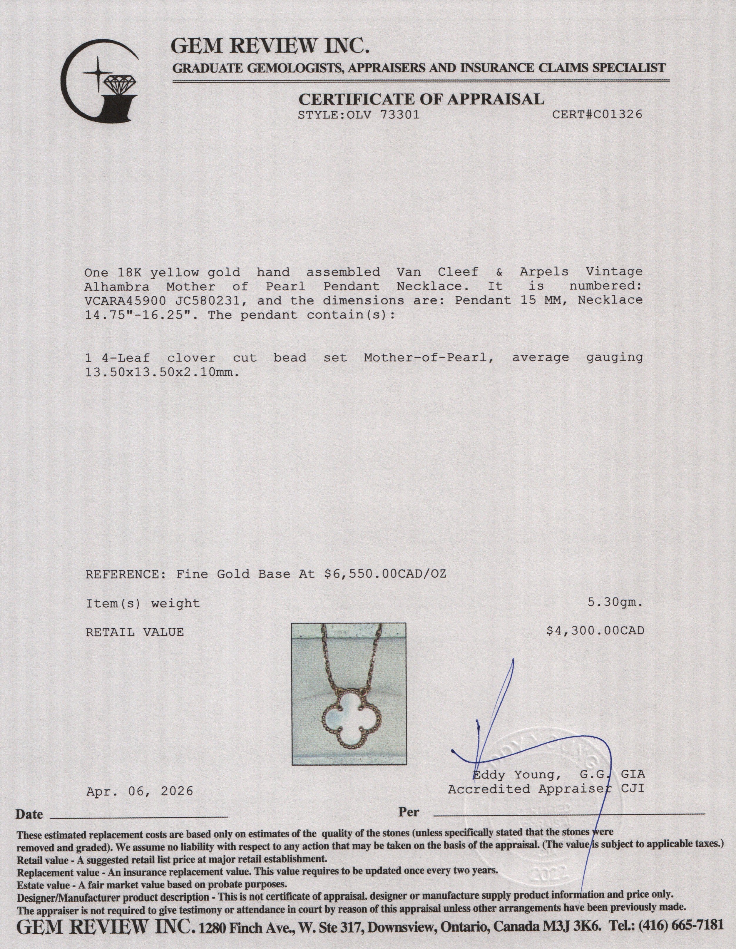 Van Cleef & Arpels 2021 18k Yellow Gold Vintage Alhambra Mother of Pearl Pendant Necklace w/ Box, Receipt & Certificate