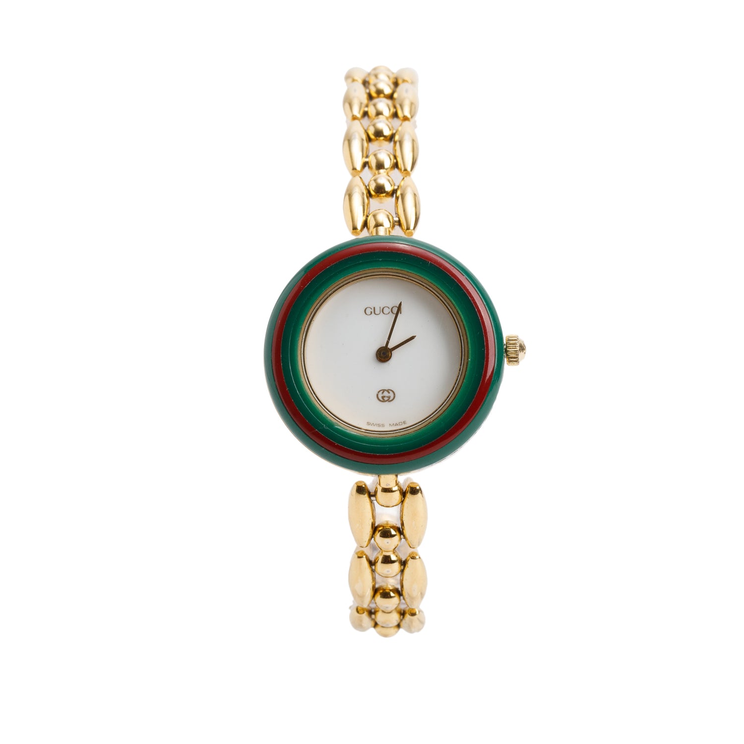 Gucci Gold Plated Stainless Steel 1100 Series 26 MM Watch White Dial w/ Box & 12 Multicolour Bezels