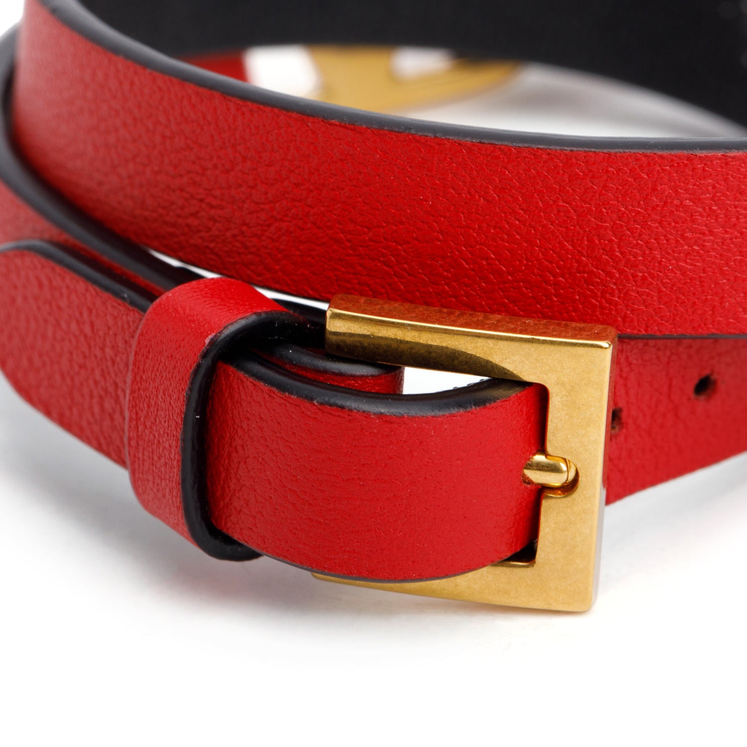 Valentino Gold Plated Metal Red Leather Vlogo Signature Double Wrap Bracelet