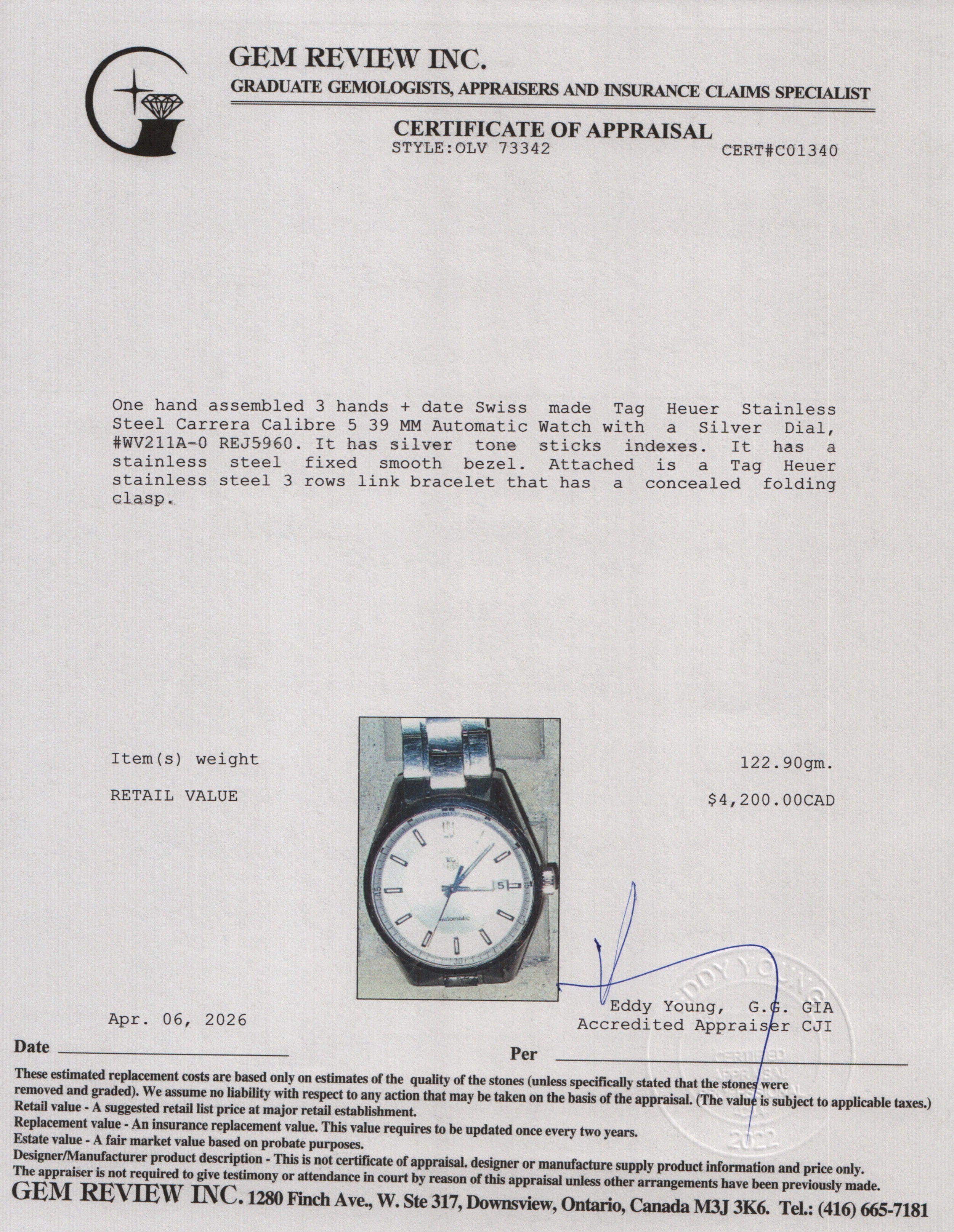 Tag Heuer Stainless Steel Carrera Calibre 5 39 MM Automatic Watch Silver Dial WV211A-0