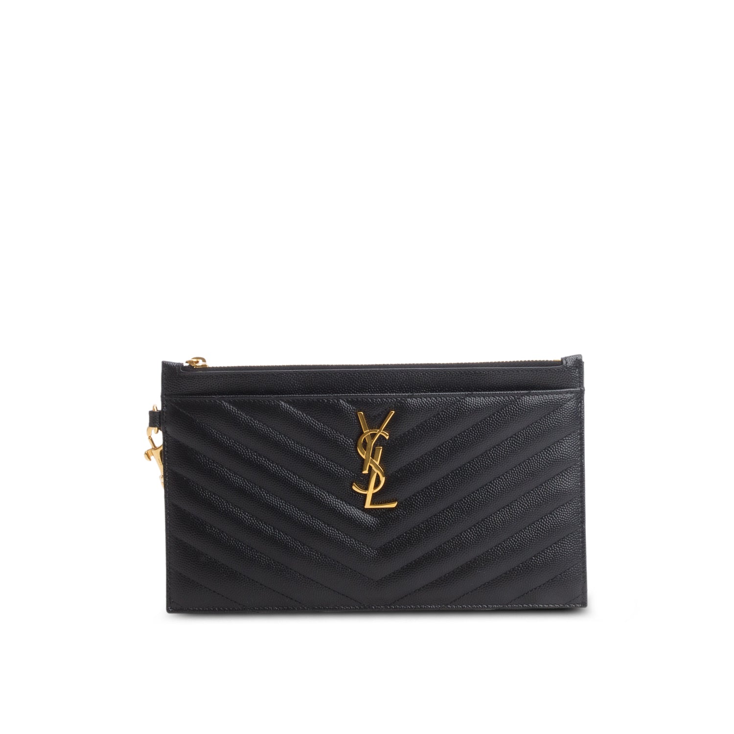 Saint Laurent 2024 Black Grain De Poudre Chevron Monogram Large Bill Pouch w/ Box
