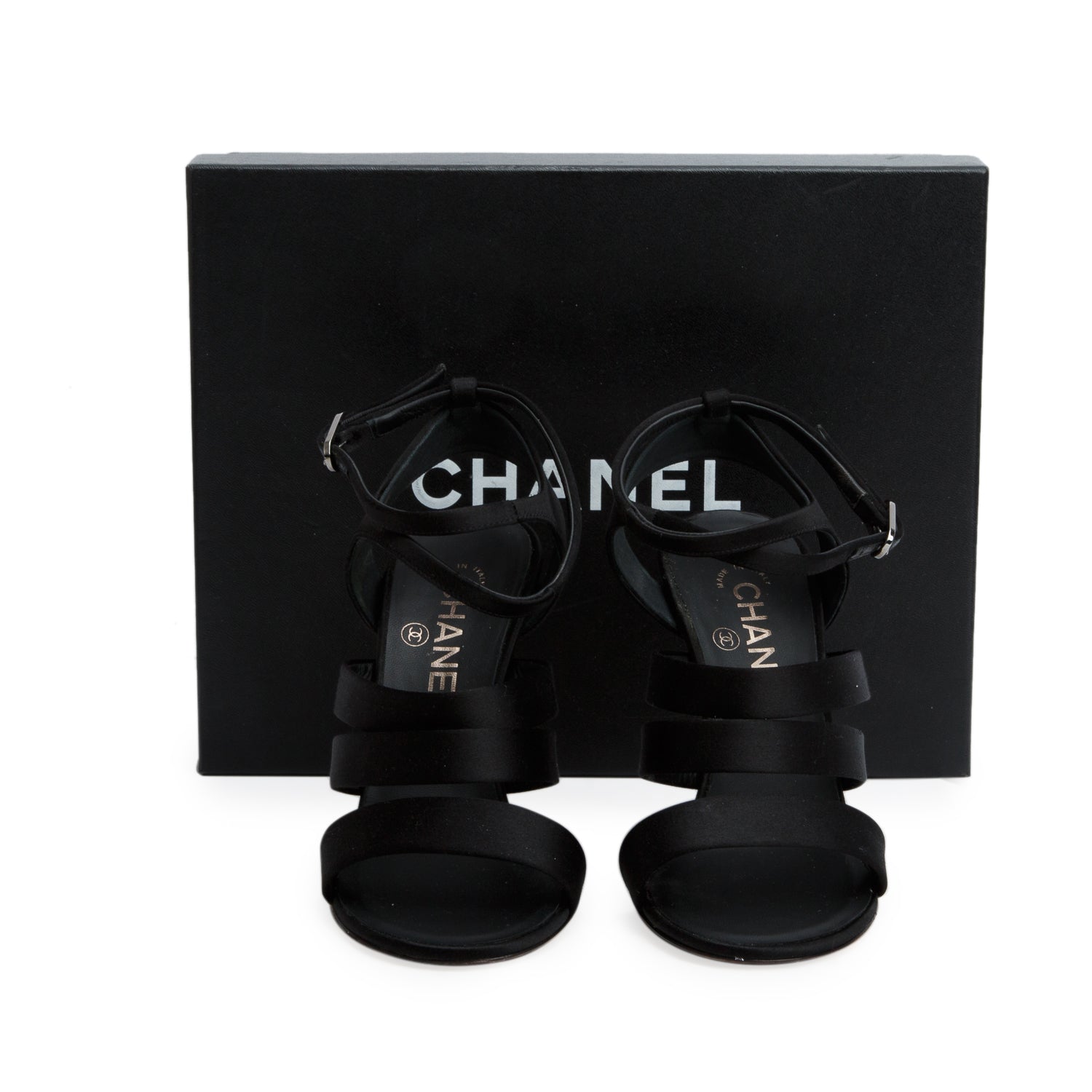 Chanel Black Satin Snake Pearl Ankle Strap Sandal Heels, Women's Size 36