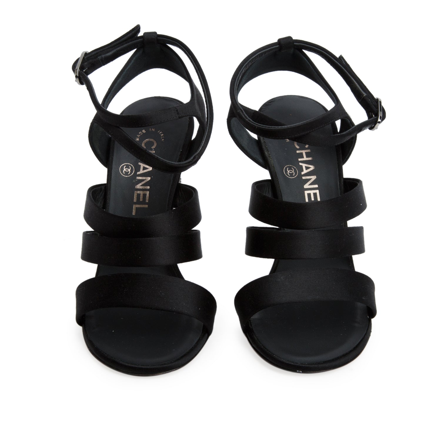 Chanel Black Satin Snake Pearl Ankle Strap Sandal Heels, Women's Size 36