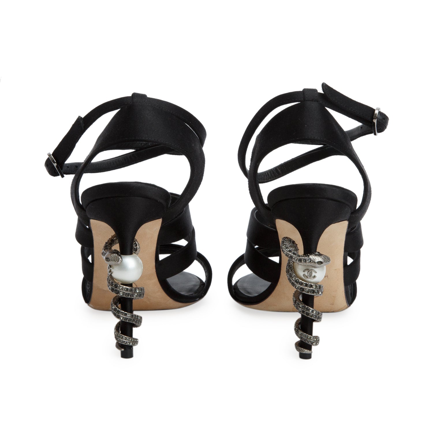 Chanel Black Satin Snake Pearl Ankle Strap Sandal Heels, Women's Size 36