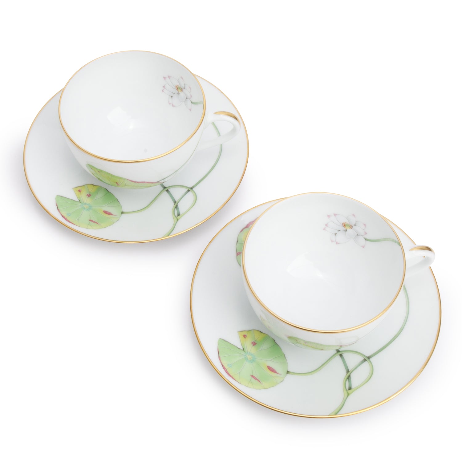 Hermes Porcelaine Nil Lotus 4-Piece Tea Cups and Saucers Set