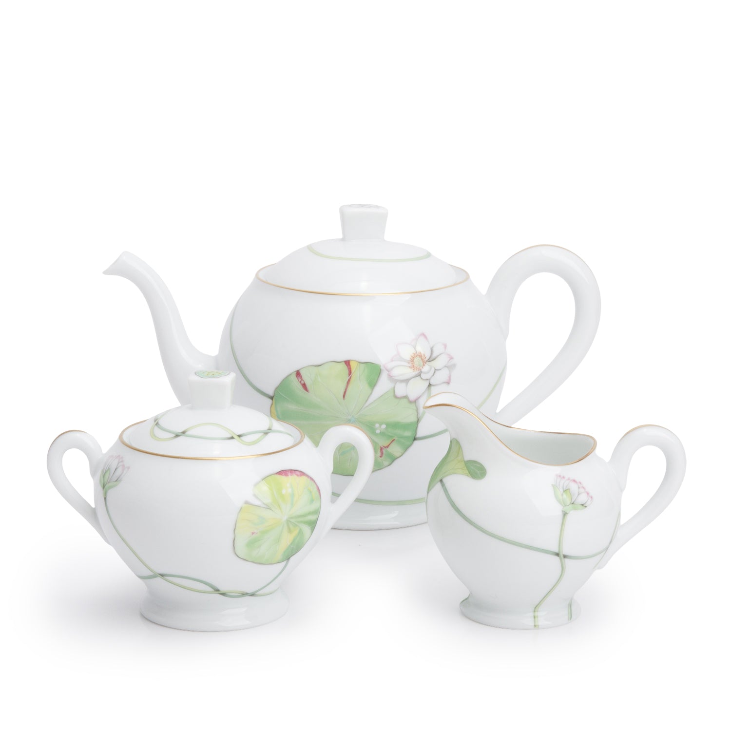 Hermes Porcelaine Nil Lotus 3-Piece Tea Pot, Creamer and Sugar Bowl Set