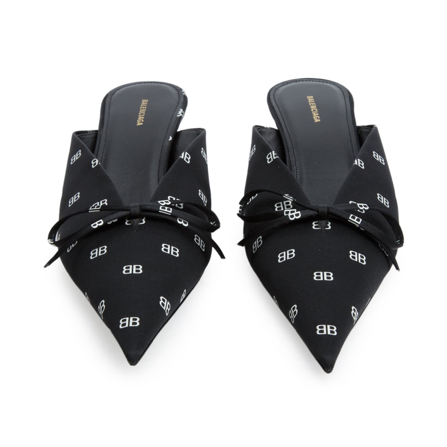 Balenciaga Black Crepe Satin Printed BB Knife Mules, Women's Size 37 w/ Box