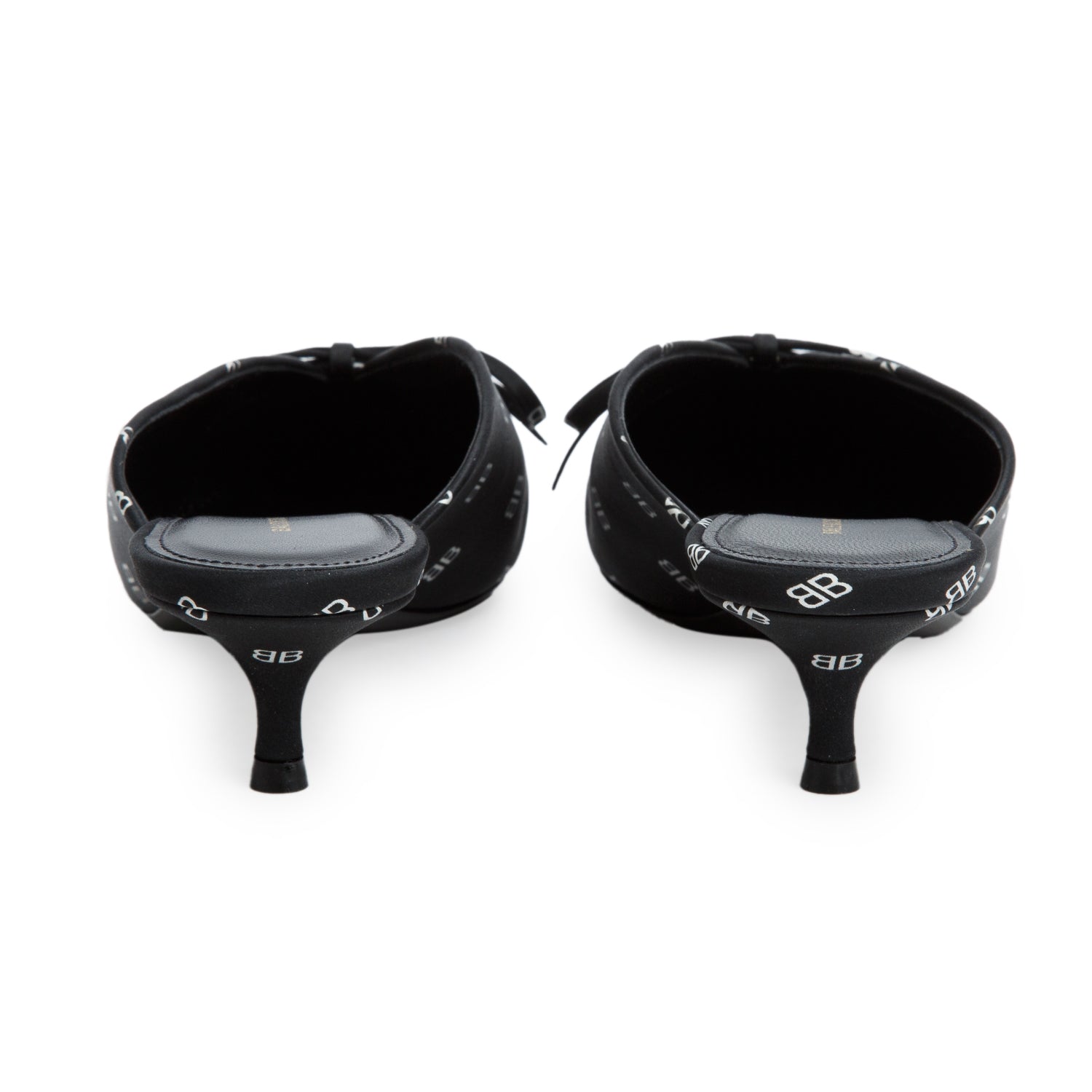 Balenciaga Black Crepe Satin Printed BB Knife Mules, Women's Size 37 w/ Box