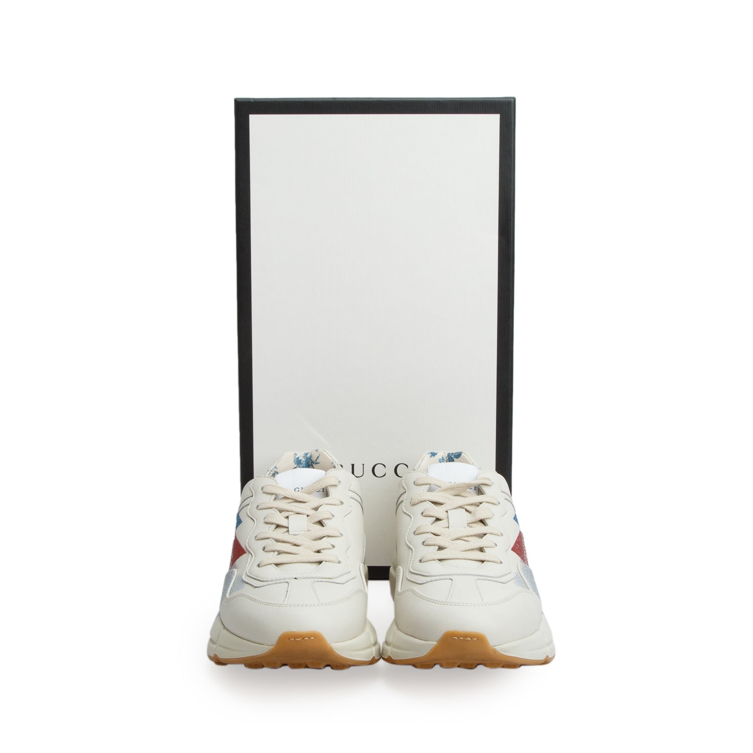 Gucci Beige Leather Glitter Lightning Bolt Rhyton Sneakers, Women's Size 36.5 w/ Box