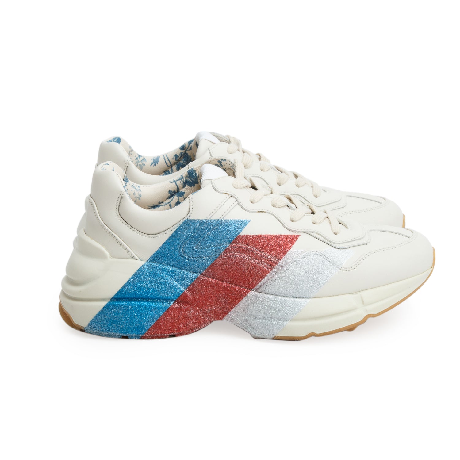 Gucci Beige Leather Glitter Lightning Bolt Rhyton Sneakers, Women's Size 36.5 w/ Box