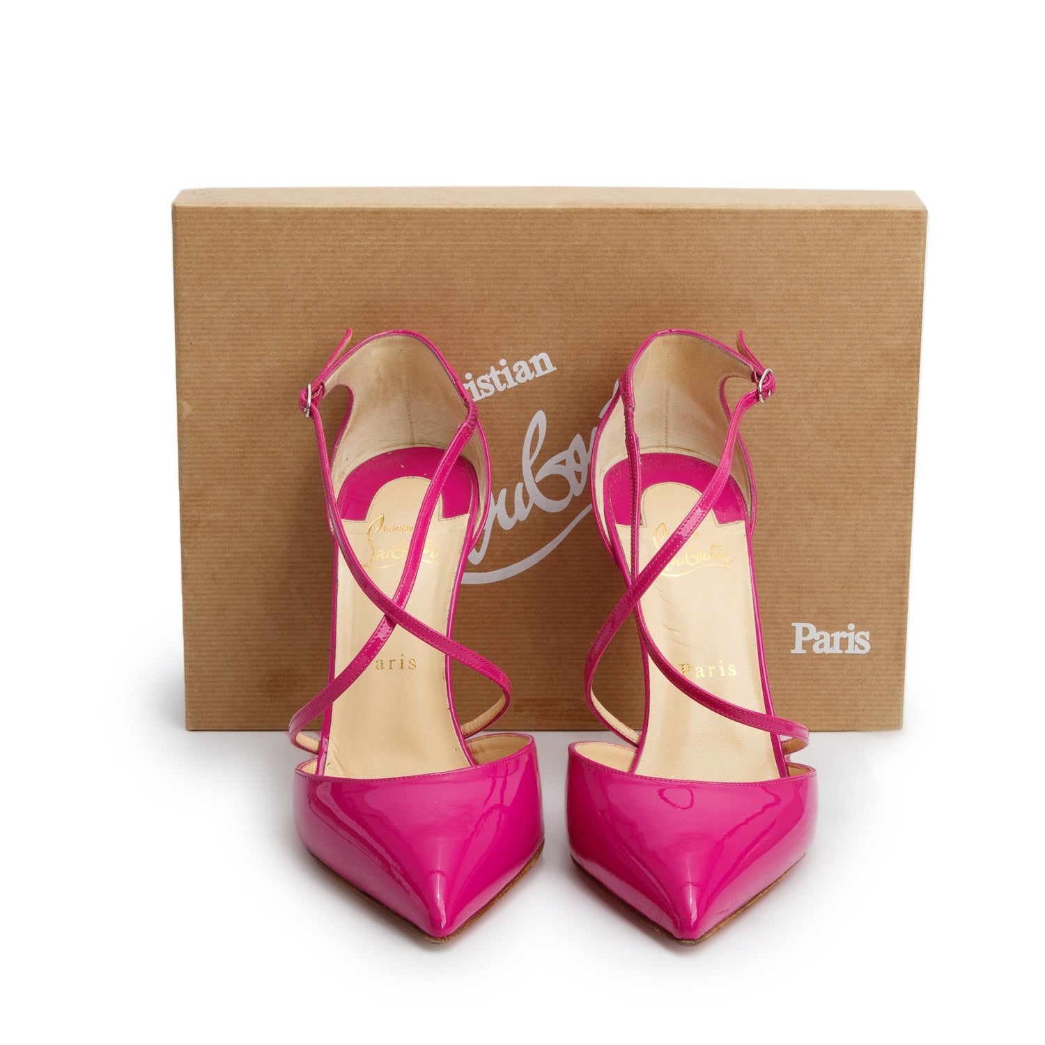 Christian Louboutin Fuschia Patent Leather Cross Blake 100 Pumps, Women's Size 39.5 w/ Box