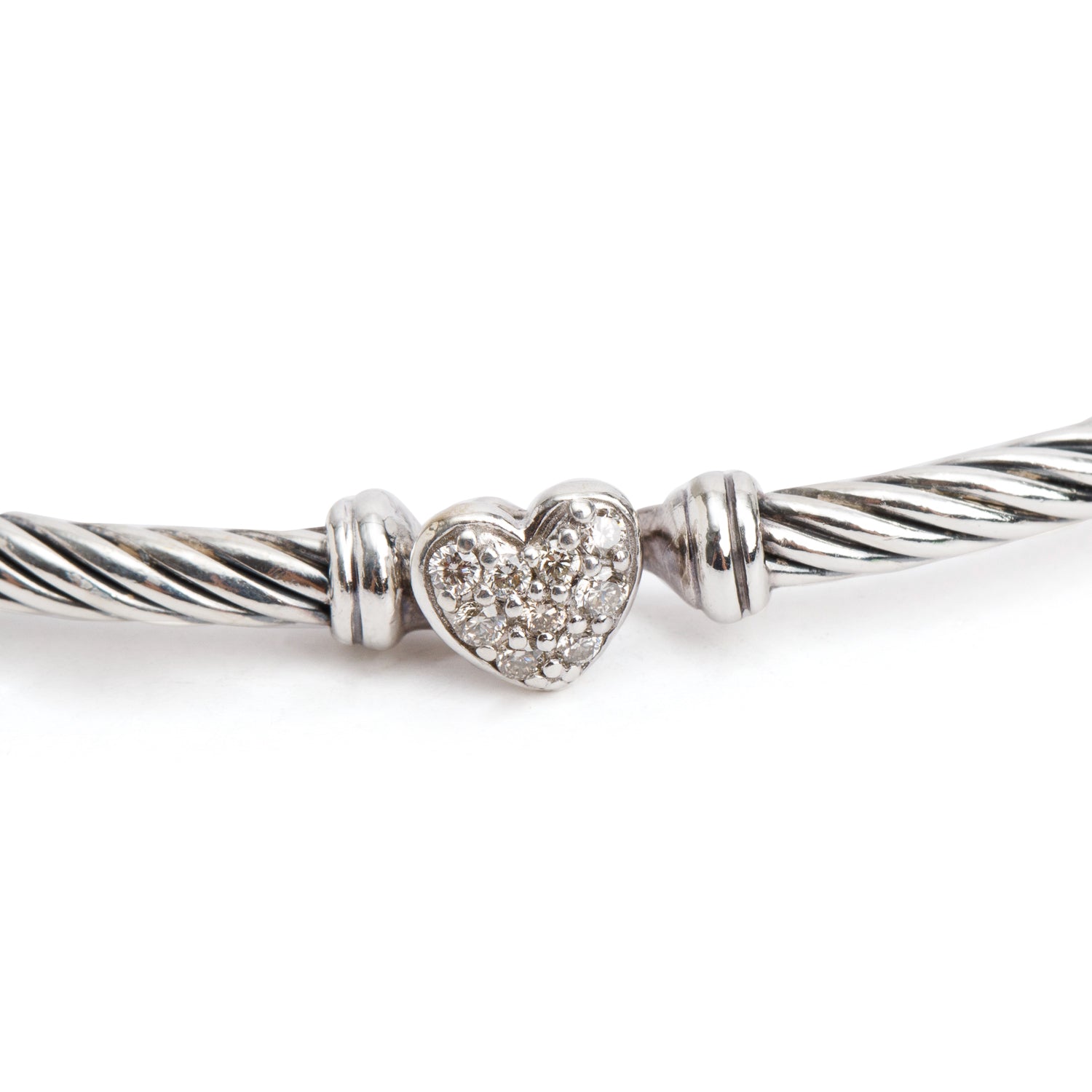 David Yurman Sterling Silver Pave Diamond Heart Station Classic 3 MM Cable Bangle Bracelet