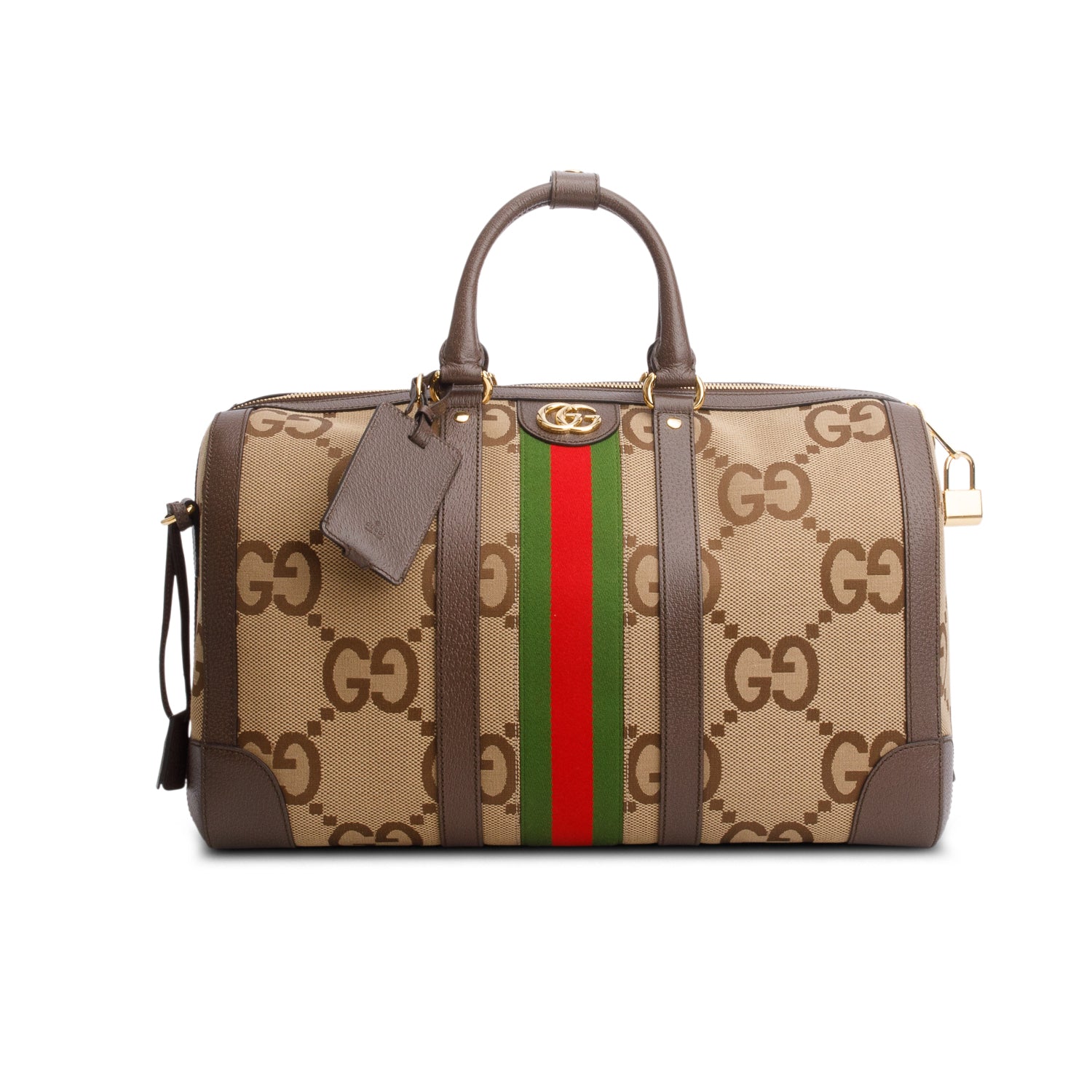 Gucci Brown Monogram Jumbo GG Textured Dollar Calfskin Web Large Duffle Bag w/ Strap