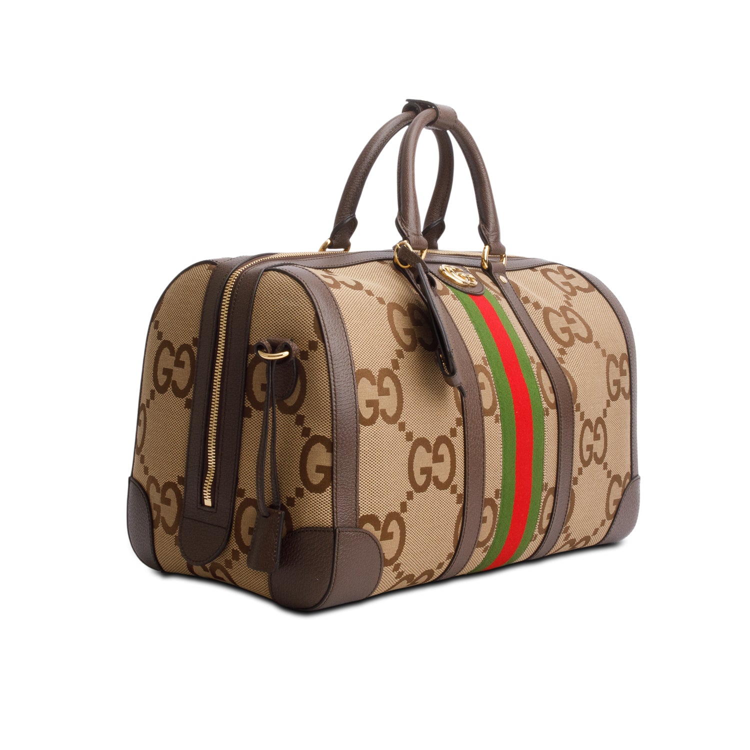 Gucci Brown Monogram Jumbo GG Textured Dollar Calfskin Web Large Duffle Bag w/ Strap