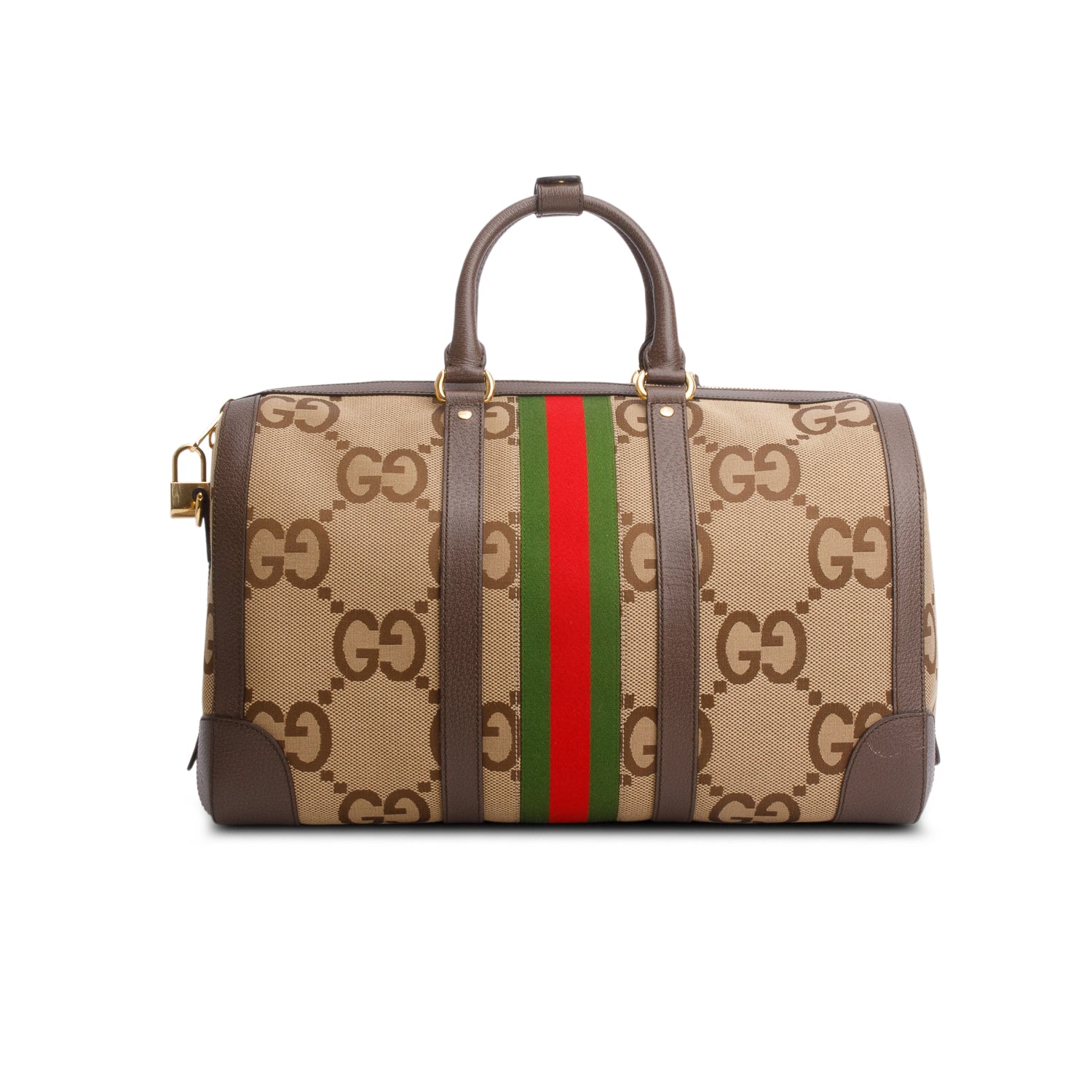 Gucci Brown Monogram Jumbo GG Textured Dollar Calfskin Web Large Duffle Bag w/ Strap