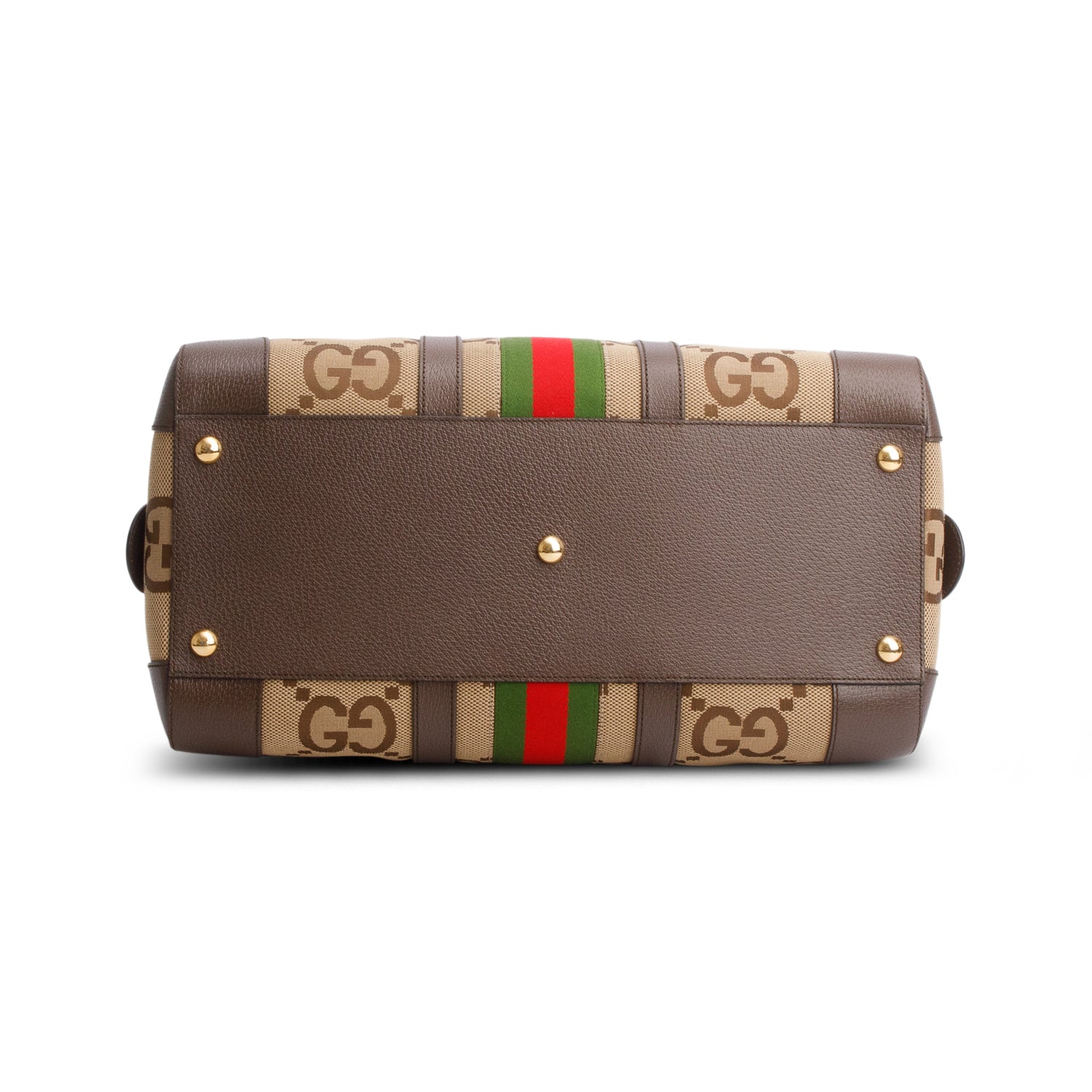 Gucci Brown Monogram Jumbo GG Textured Dollar Calfskin Web Large Duffle Bag w/ Strap