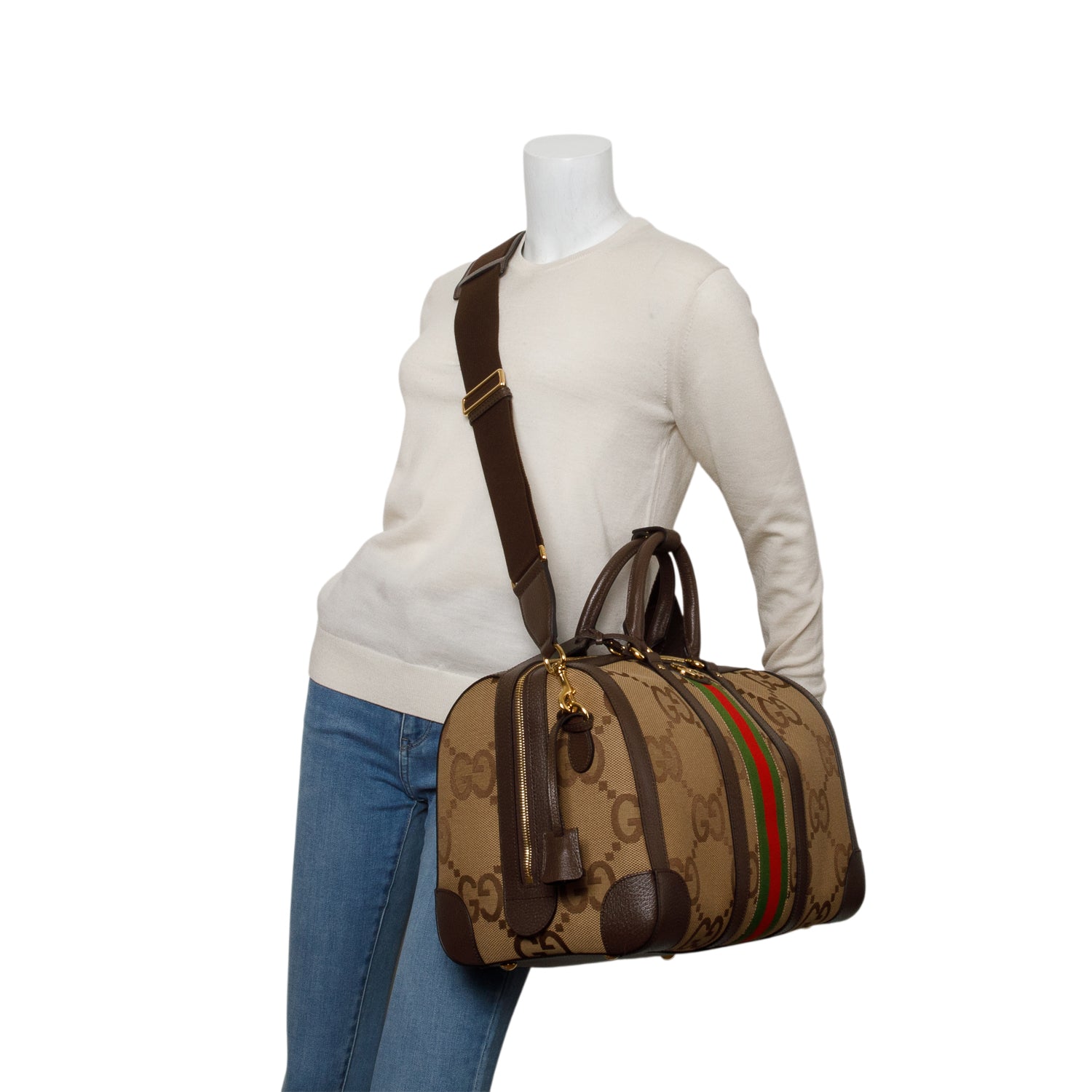 Gucci Brown Monogram Jumbo GG Textured Dollar Calfskin Web Large Duffle Bag w/ Strap