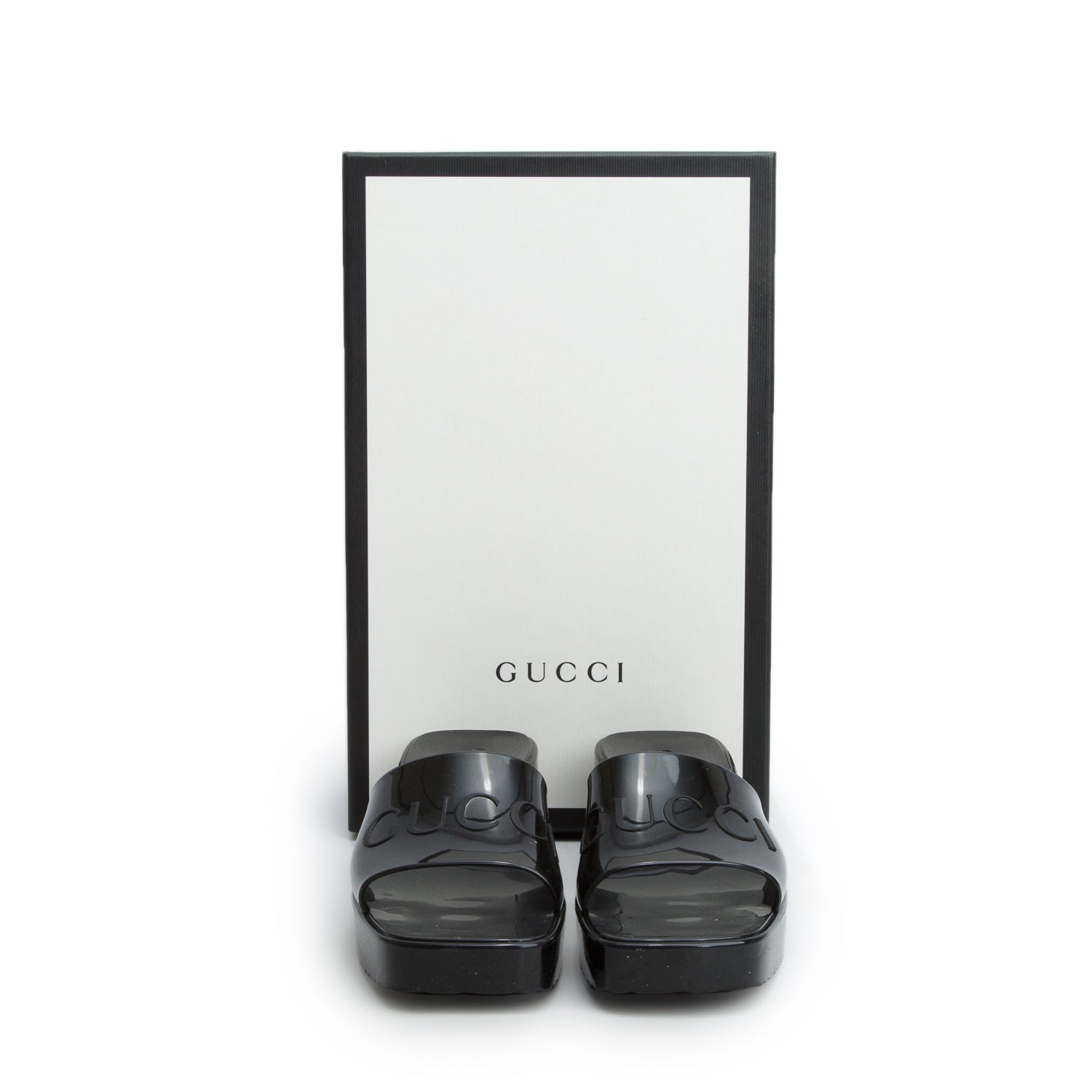 Gucci Black Rubber Logo Platform Slide Sandals, Women's Size 36 w/ Box