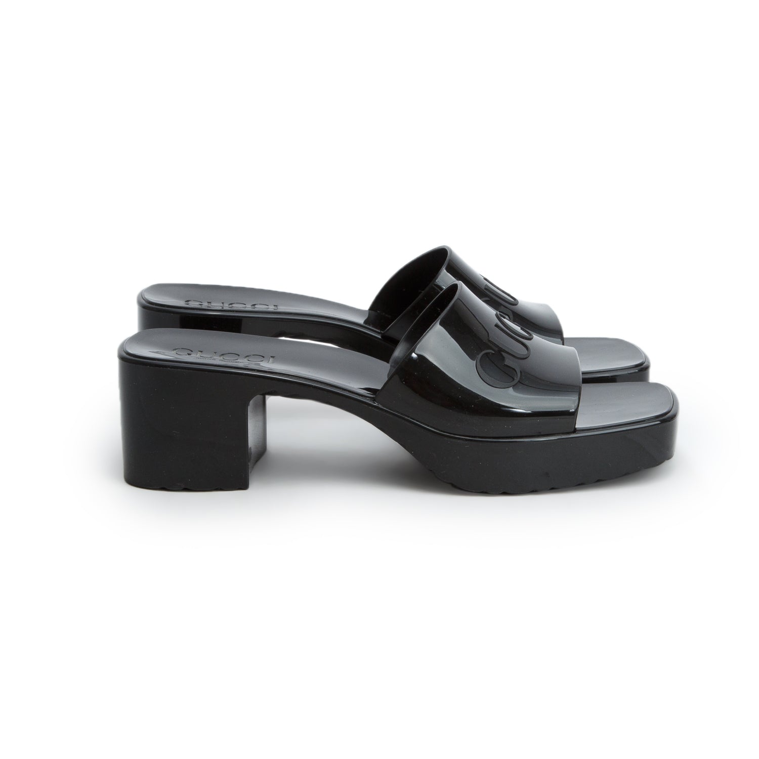 Gucci Black Rubber Logo Platform Slide Sandals, Women's Size 36 w/ Box