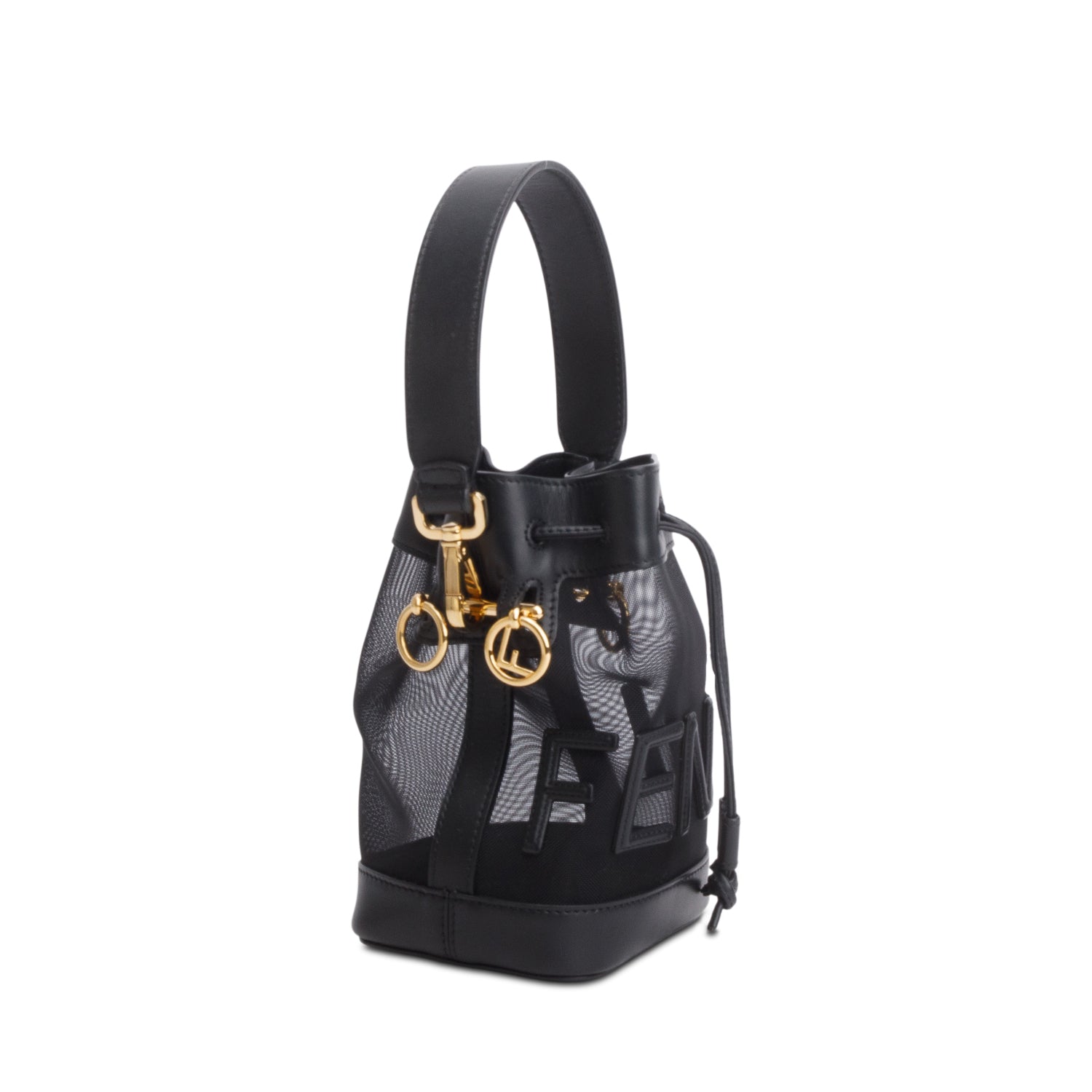 Fendi Black Mesh Vitello King F Logo Embroidered Mini Mon Tresor Bucket Bag