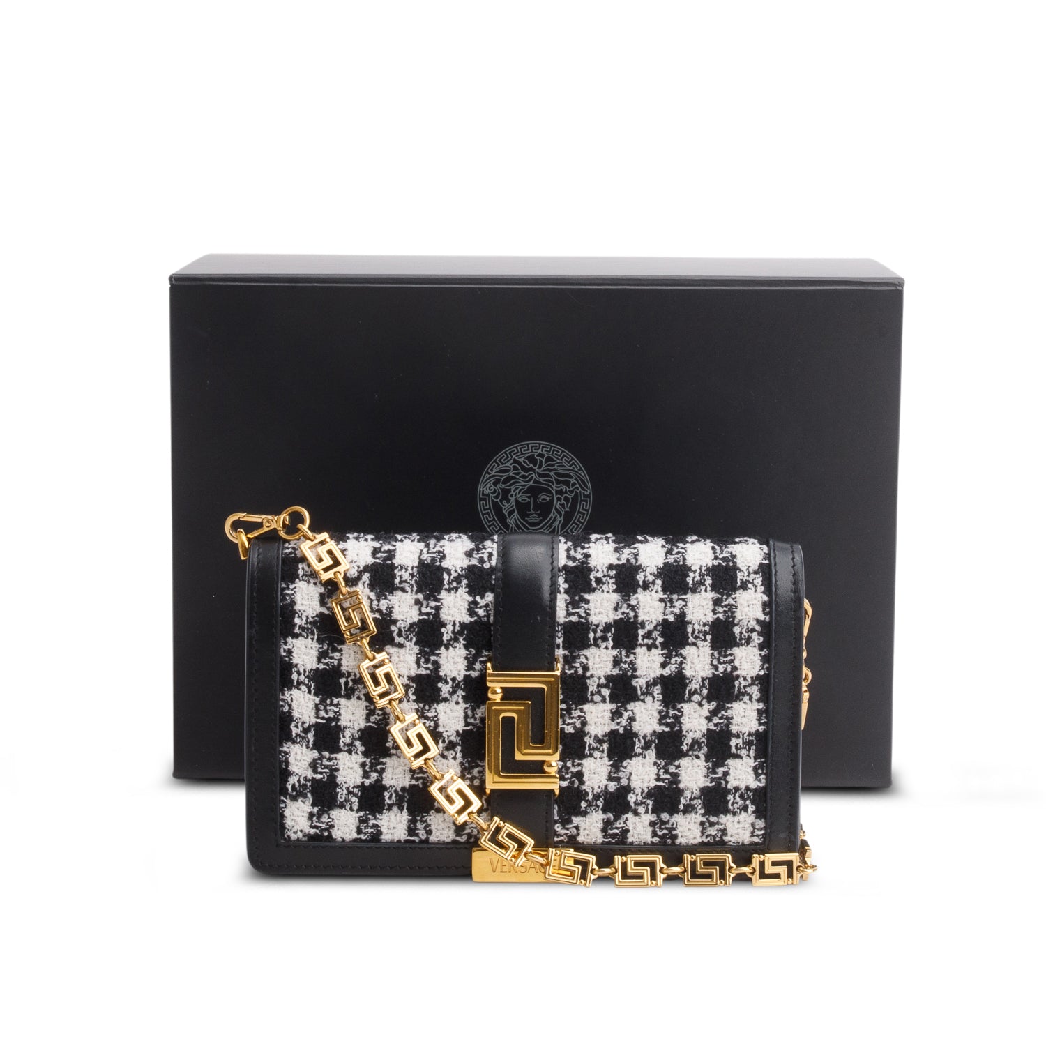 Versace Black White Houndstooth Tweed Calfskin Greca Goddess Wallet on Chain w/ Box