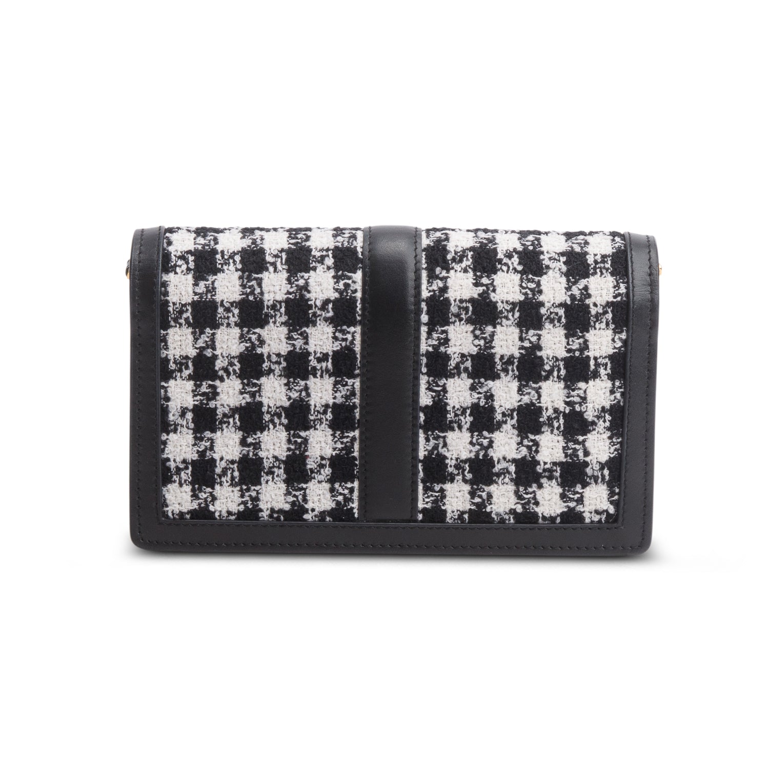 Versace Black White Houndstooth Tweed Calfskin Greca Goddess Wallet on Chain w/ Box