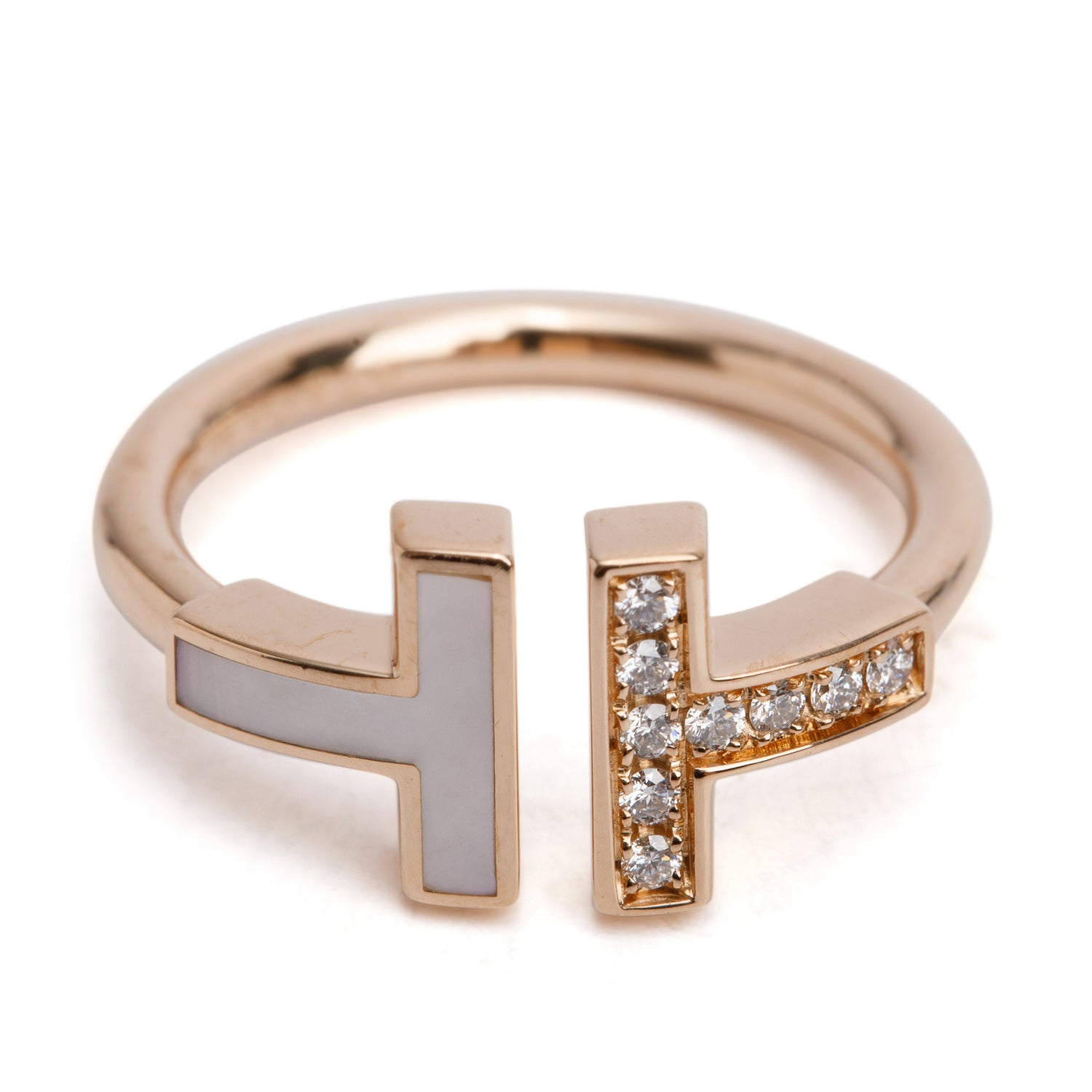Tiffany & Co. 18k Rose Gold Mother of Pearl & Diamond T Wire Ring, Size 4.5 w/ Box