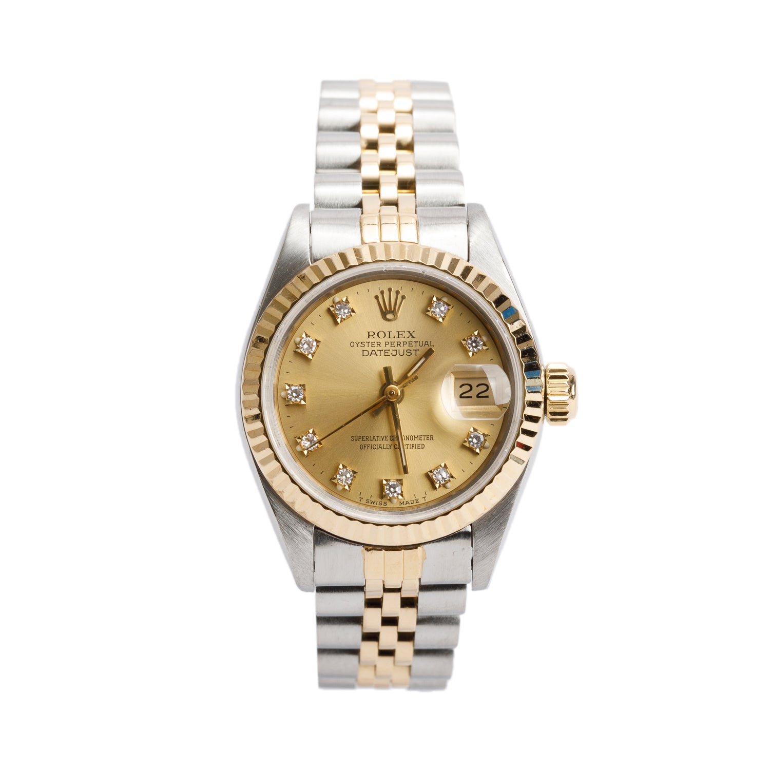 Rolex Stainless Steel & 18k Yellow Gold Datejust 26 MM Watch Champagne Diamond Dial 69173
