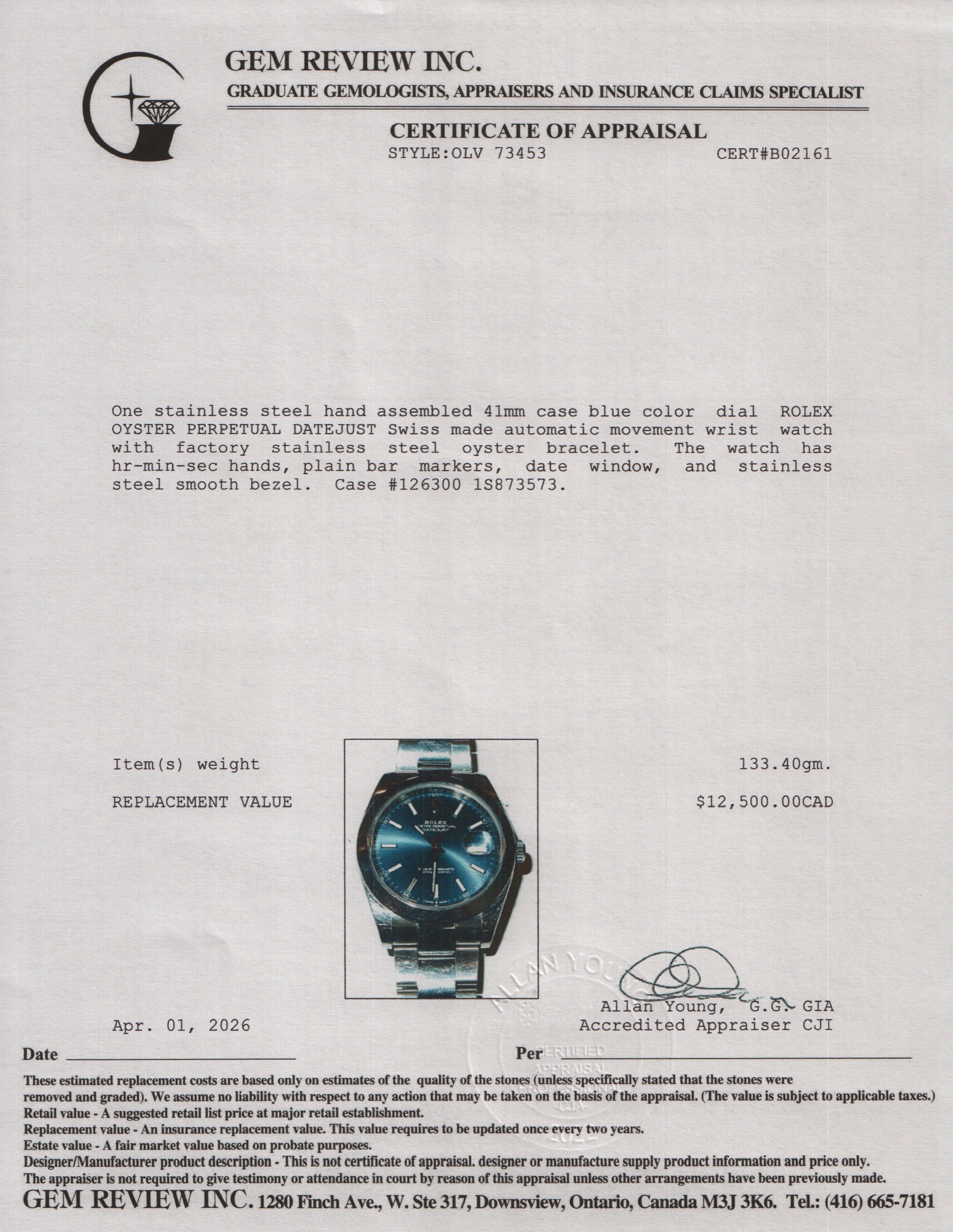 Rolex Stainless Steel Datejust 41 MM Automatic Watch Blue Dial 126300