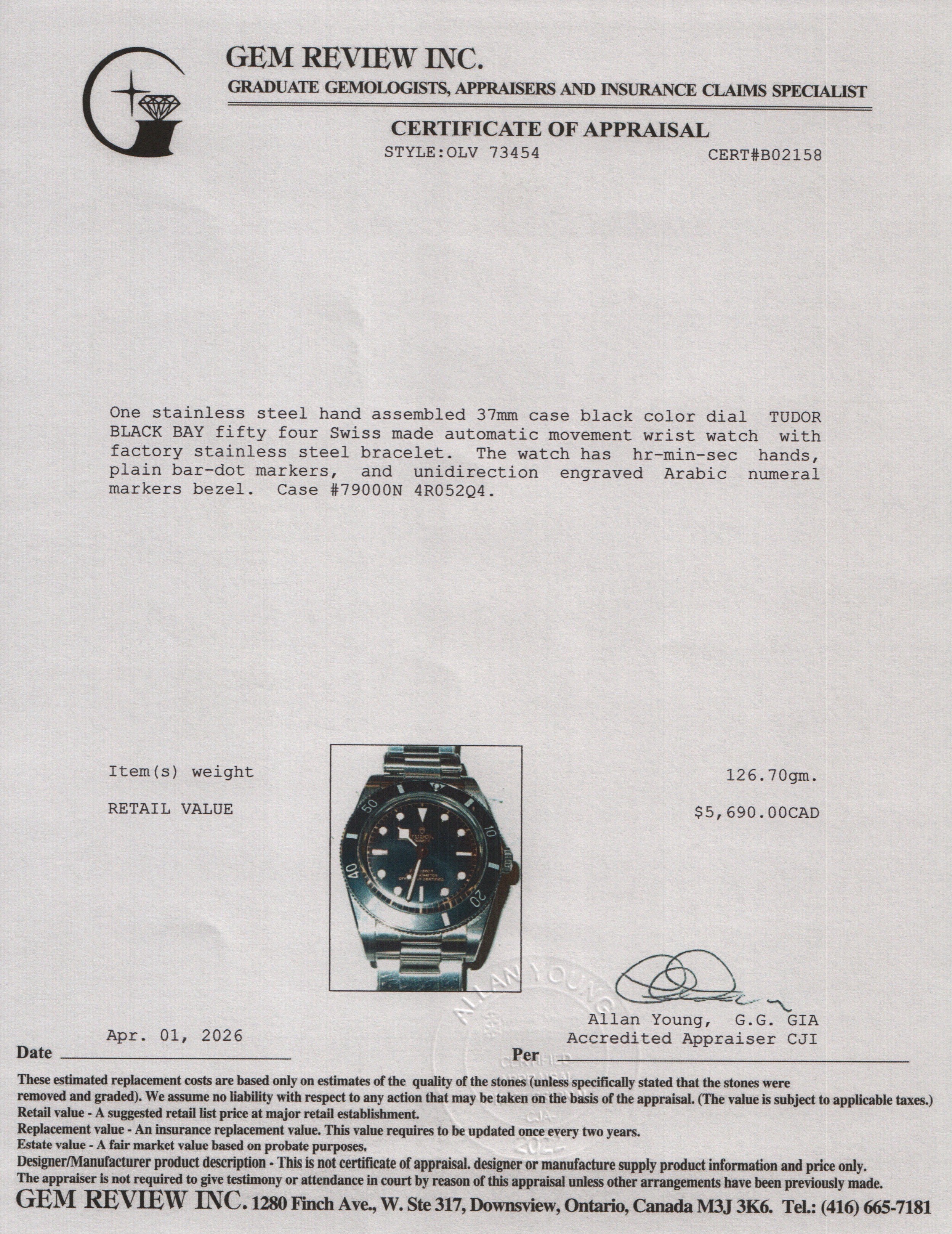 Tudor 2023 Stainless Steel Black Bay Fifty Four 37 MM Automatic Watch Black Dial 79000N w/ Box & Papers
