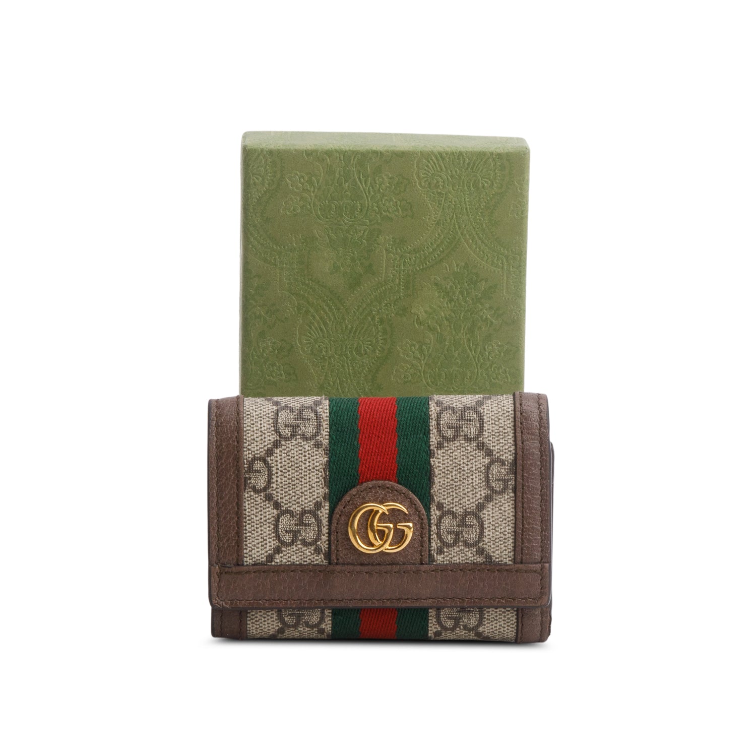 Gucci Brown GG Supreme Textured Calfskin Web Ophidia Card Case w/ Box