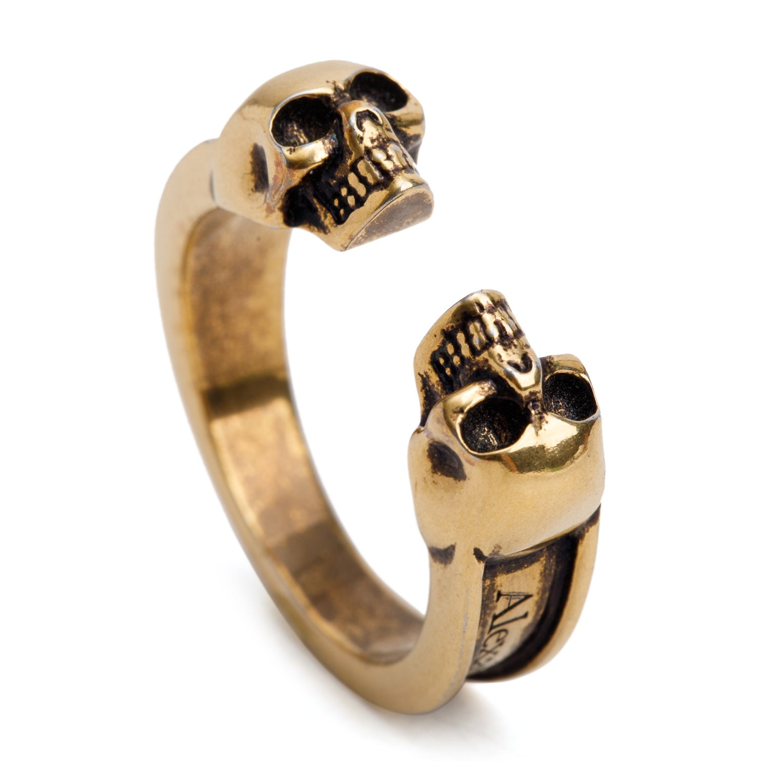 Alexander McQueen Gold Plated Metal Twin Skull Ring, Size 17 8 w/ Box
