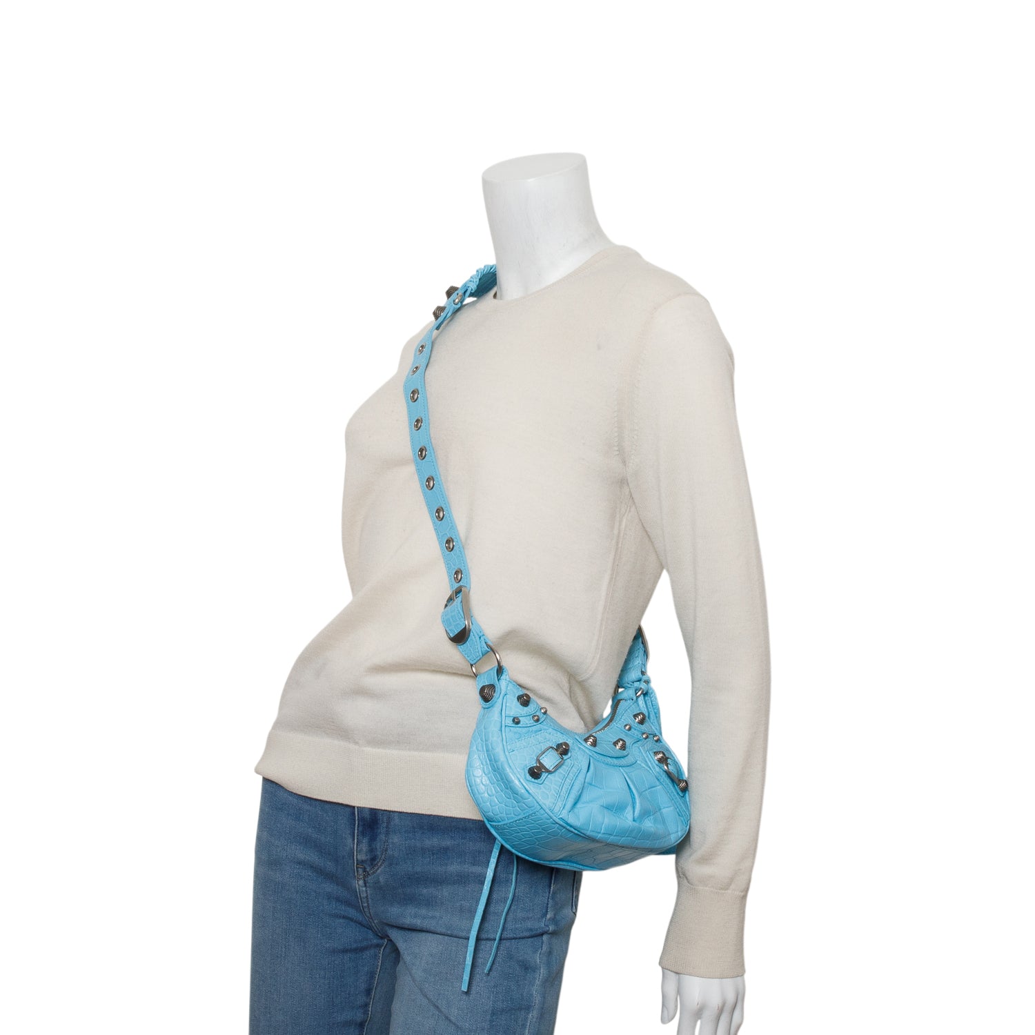 Balenciaga Blue Extra Supple Calfskin Crocodile Embossed Le Cagole XS Shoulder Bag