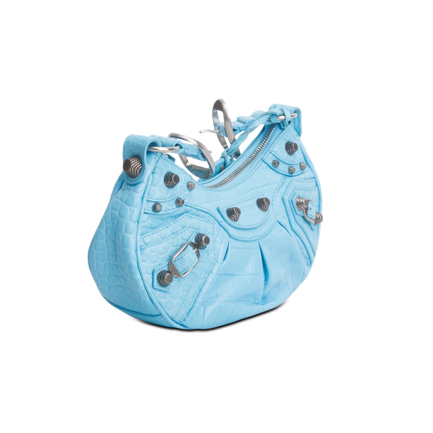 Balenciaga Blue Extra Supple Calfskin Crocodile Embossed Le Cagole XS Shoulder Bag