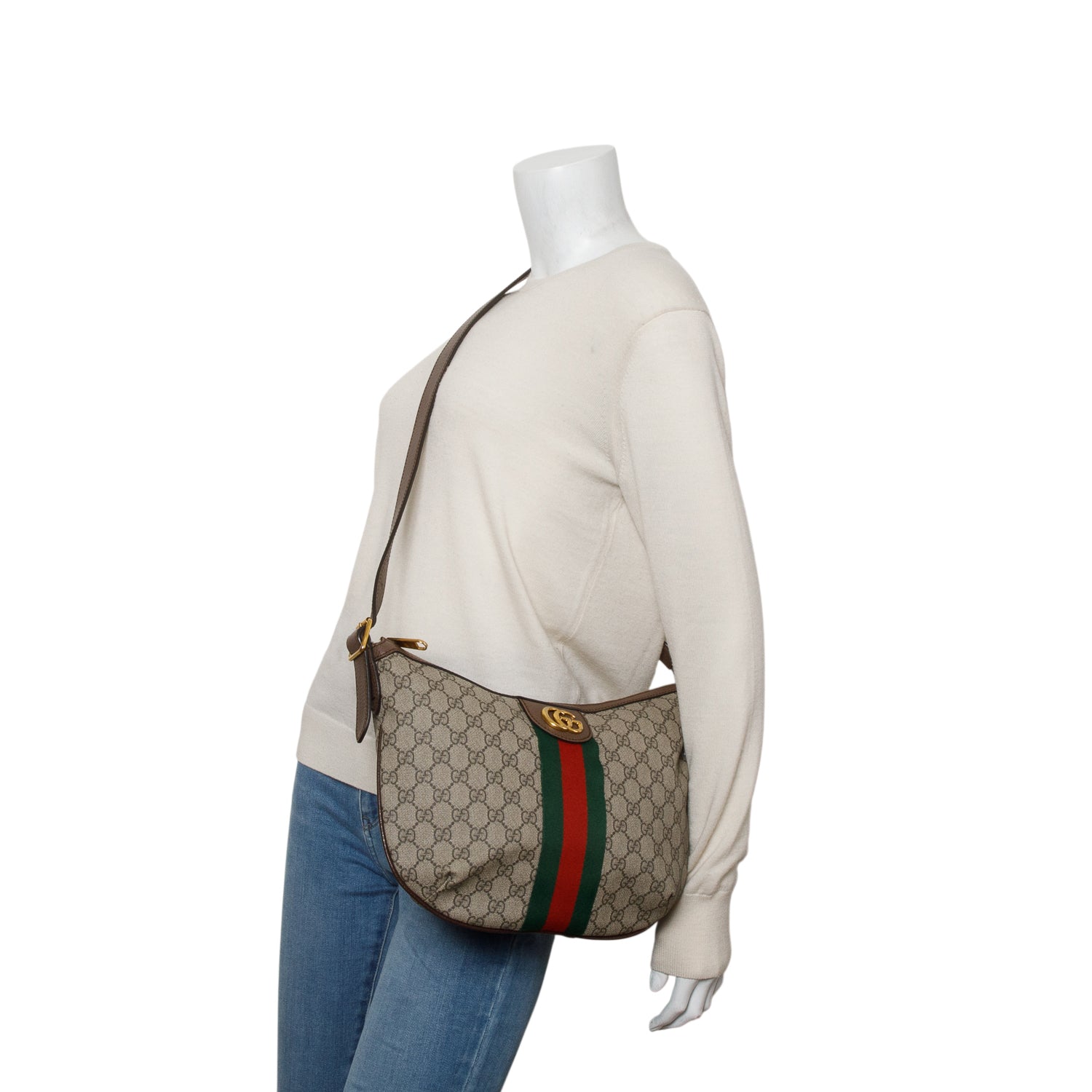 Gucci GG Supreme Monogram Textured Dollar Calfskin Web Small Ophidia Half Moon Hobo w/ Box