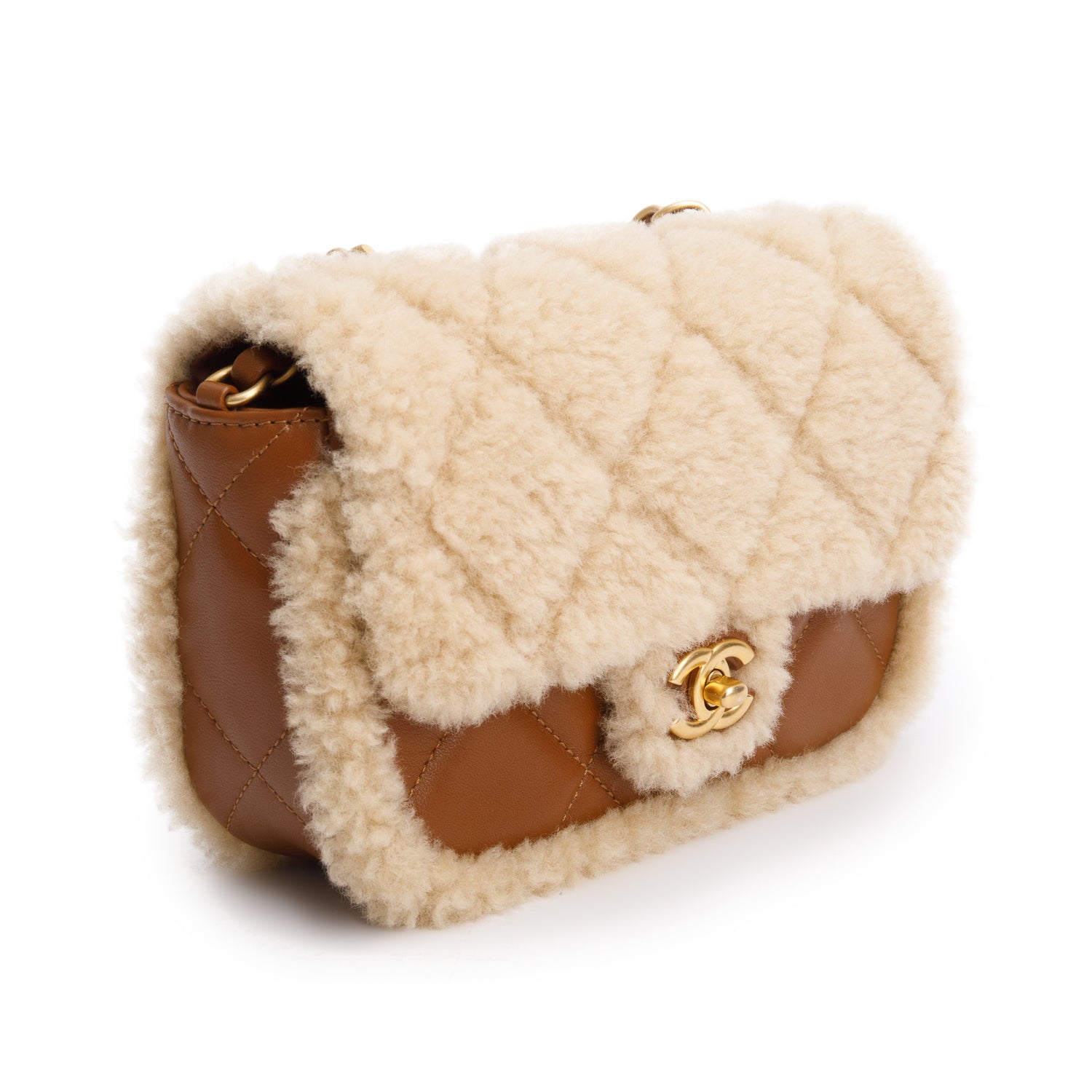 Chanel Brown Shearling Lambskin Quilted Mini Furry Coco Flap Bag w/ Box